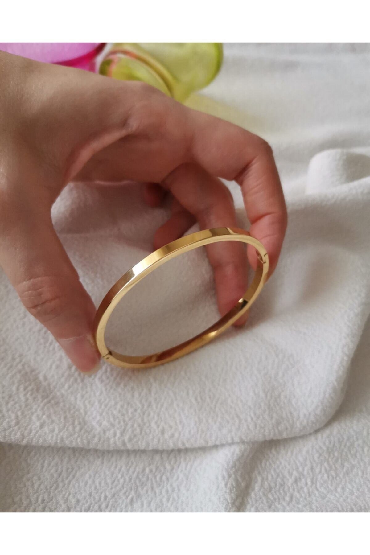 Çelik Bileklik - Paslanmaz Düz Kelepçe Bilezik Gold Renk