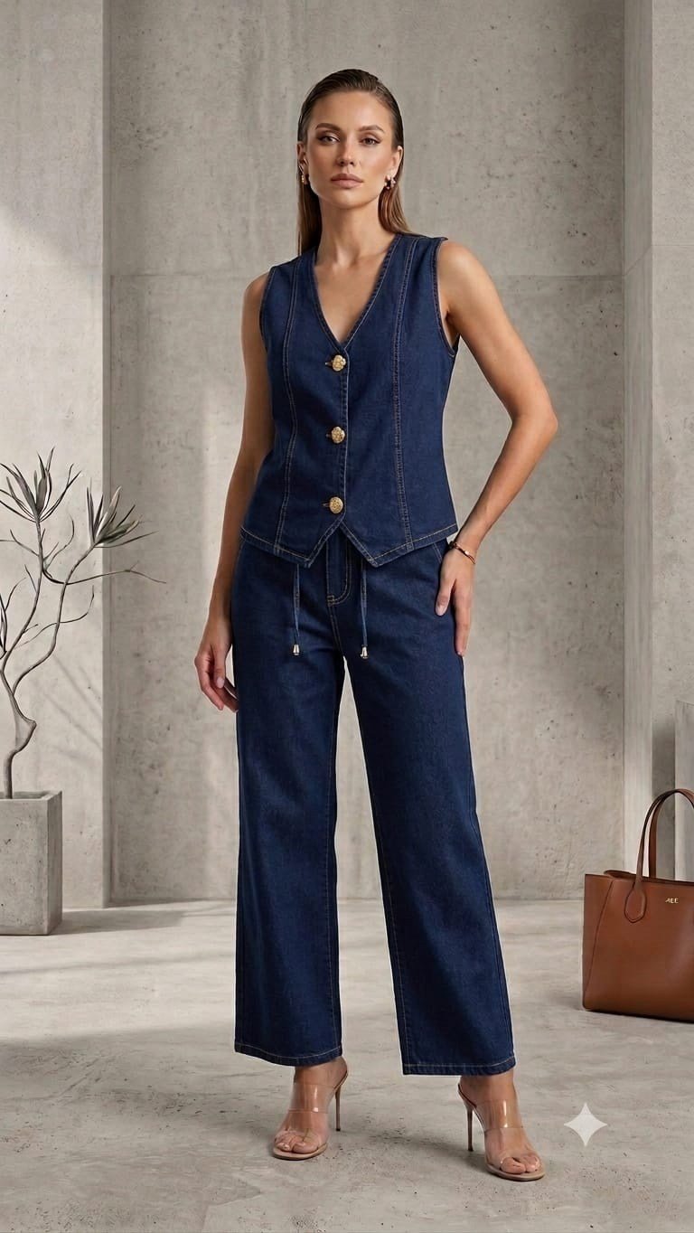 Denim Yelek Pantolon Alt Üst Takım