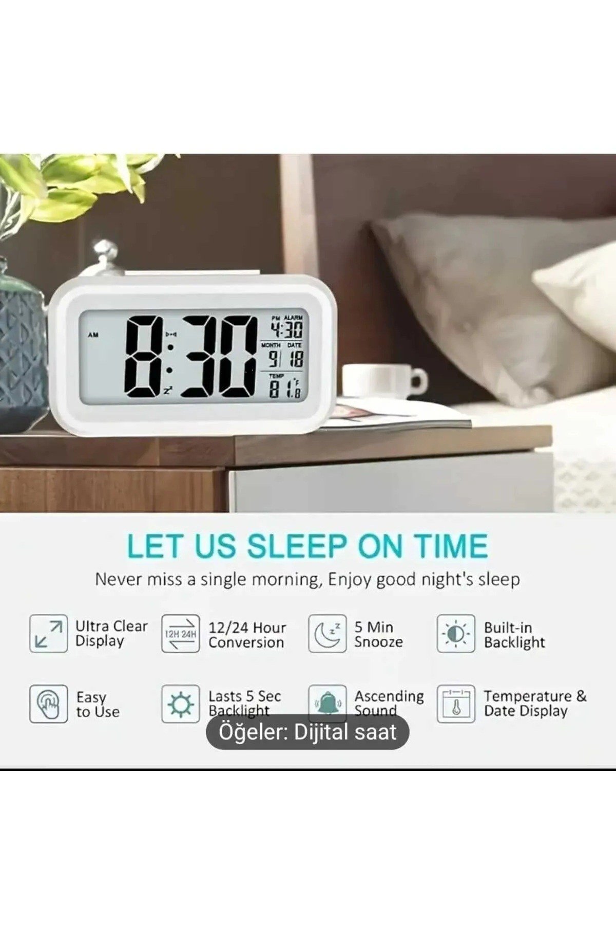 Dijital Alarmlı Masa Saati Led Ekran Pilli Çalar Saat Beyaz