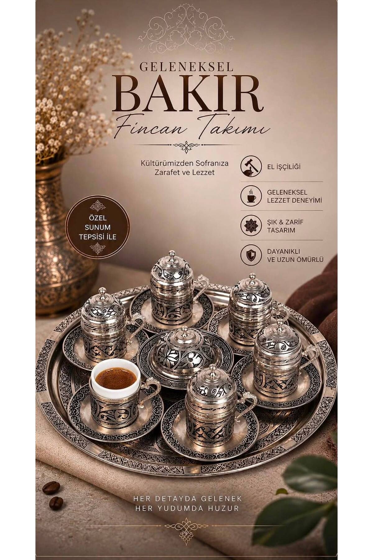 Dmt Gaziantep Bakır Osmanlı Türk Kahve Fincanı Takımı 6 Kişilik Ağır Işlemeli (TEPSİ 34 CM)