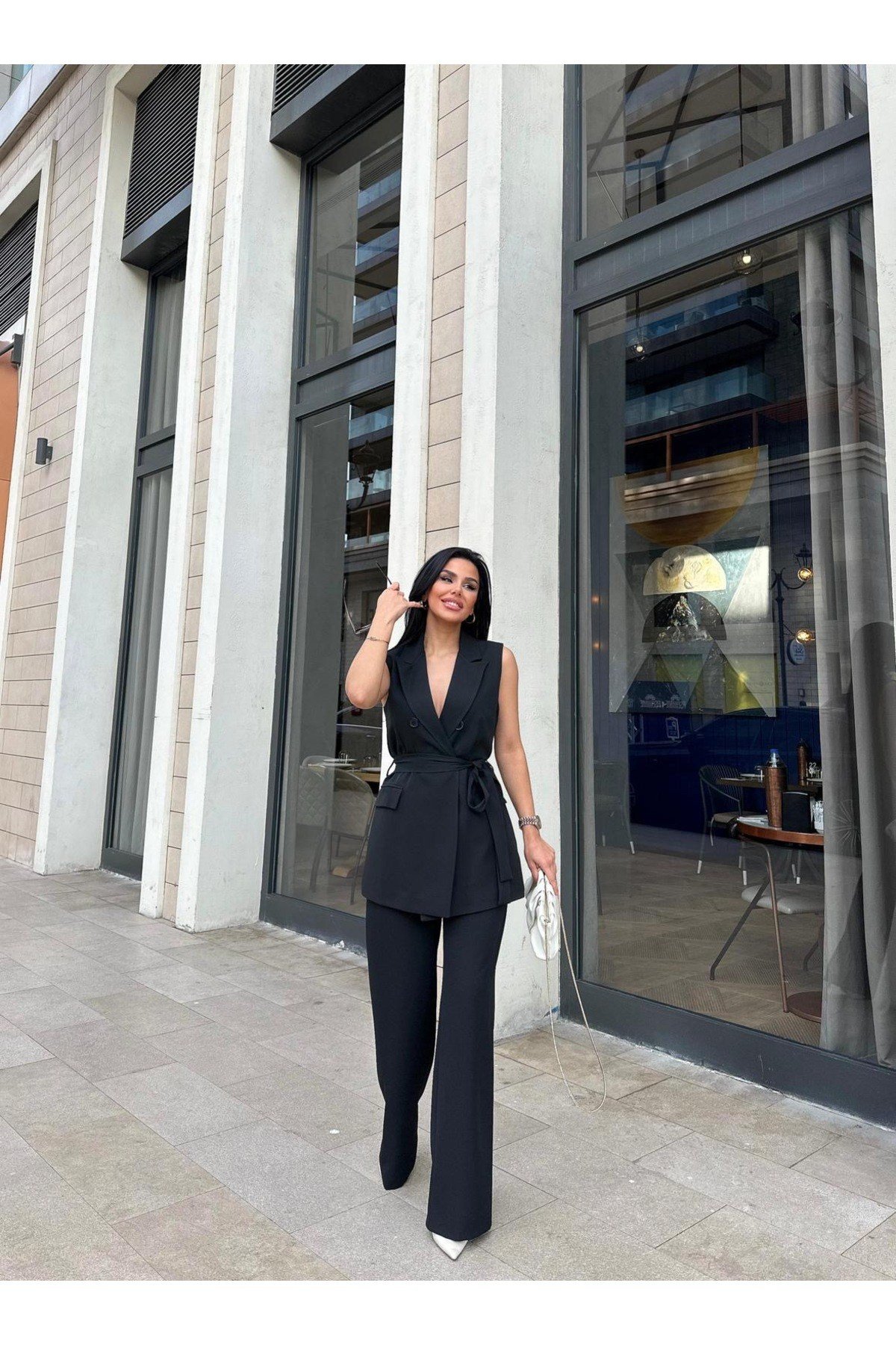 Düğmeli Yelekli Bağlamalı İkili Blazer Takım