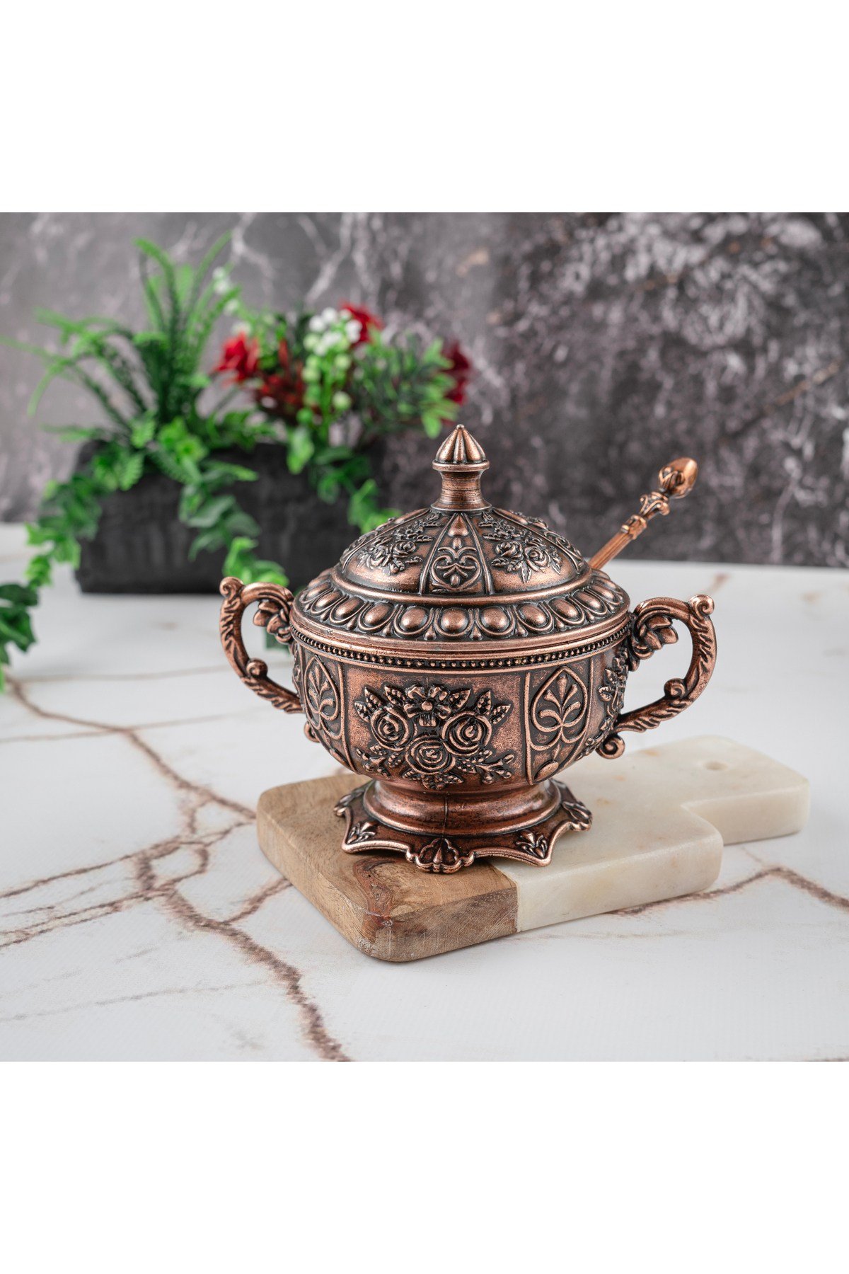 Gaziantep Bakır Zamak Şekerlik Kase yükseklik 11 cm Genişlik 13 cm&(KAŞIK DAHİL)