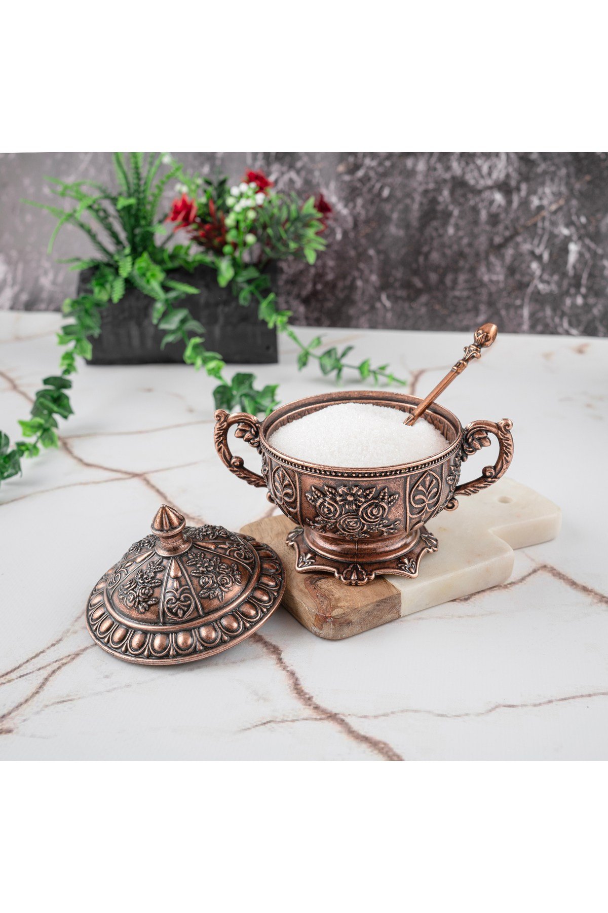 Gaziantep Bakır Zamak Şekerlik Kase yükseklik 11 cm Genişlik 13 cm&(KAŞIK DAHİL)