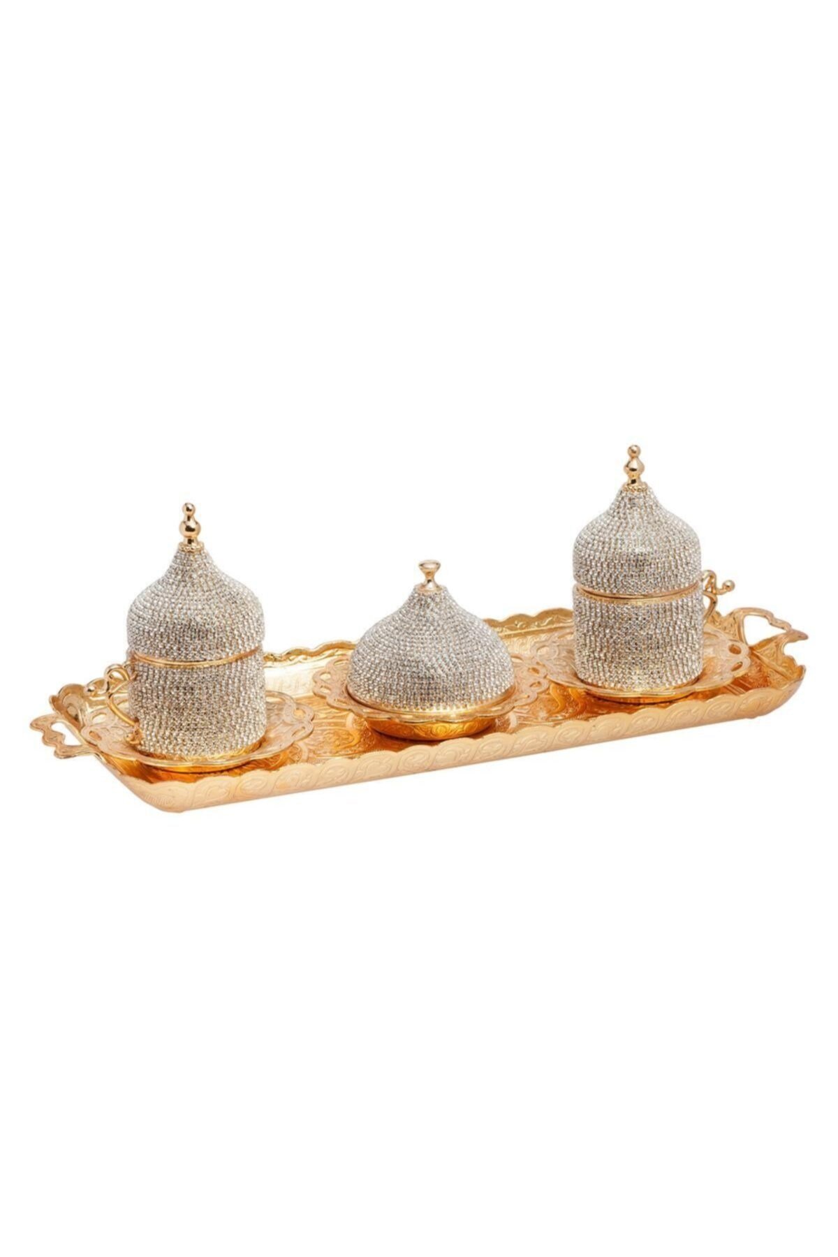 İkili Taşlı Kahve Fincan Takımı Sarı Renkli