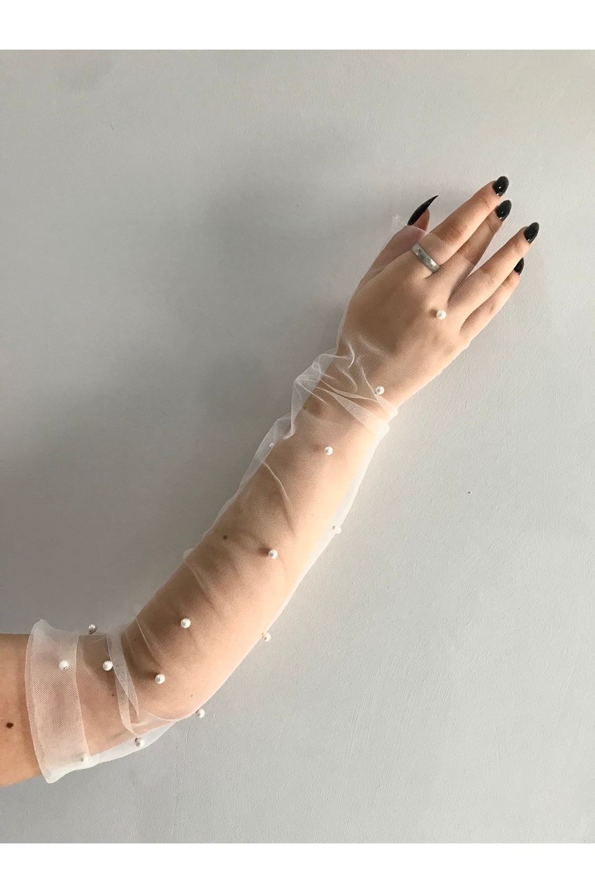 İncili Eldiven 1. Kalite Parmaksız Tül Eldiven (24-27CM PAZU ÇAPI)nikah Eldiven Kırık Beyaz