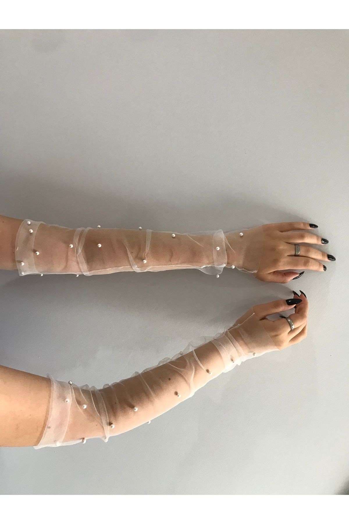 İncili Eldiven 1. Kalite Parmaksız Tül Eldiven (24-27CM PAZU ÇAPI)nikah Eldiven Kırık Beyaz
