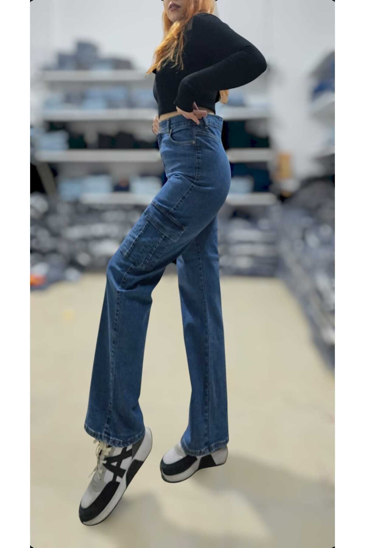 Jessi Kadın Orta Mavi Solmaz Likralı Arka Cepsiz Model Kargo Palazzo Pantolon