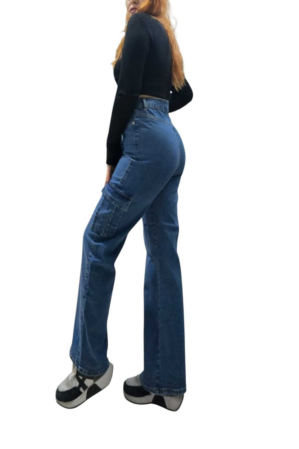 Jessi Kadın Orta Mavi Solmaz Likralı Arka Cepsiz Model Kargo Palazzo Pantolon