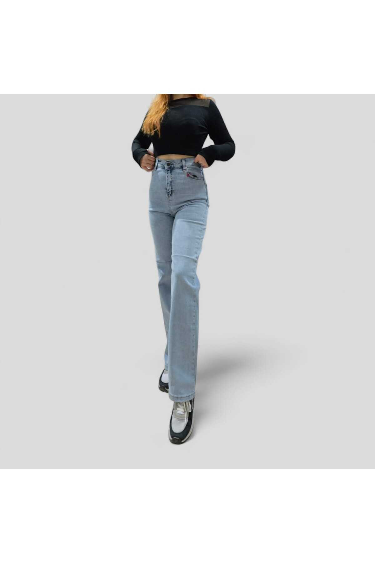 Julia 90's Süper Yüksek Bel Likralı Açık Mavi Kar Yıkama Palazzo Jean ( Satıcıya Sorarak Alınız )