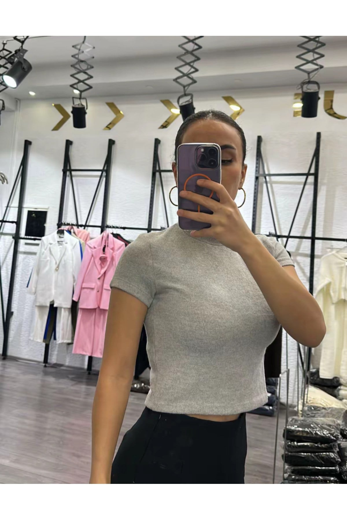 Kadın Basic Kısa Kollu Bisiklet Yaka Crop Tişört