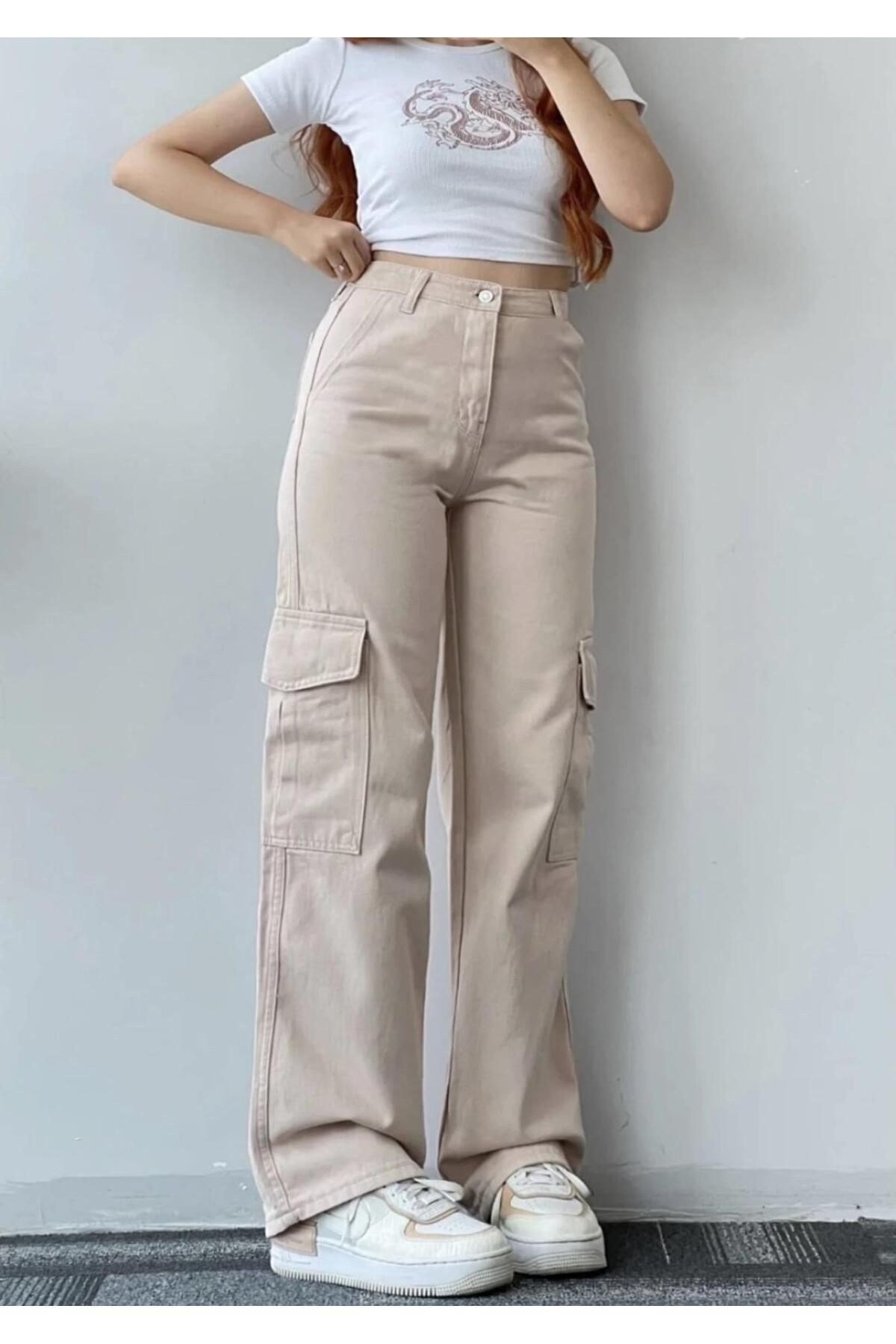 Kadın Kargo Cep Palazzo Wide Leg Bej Yüksek Bel