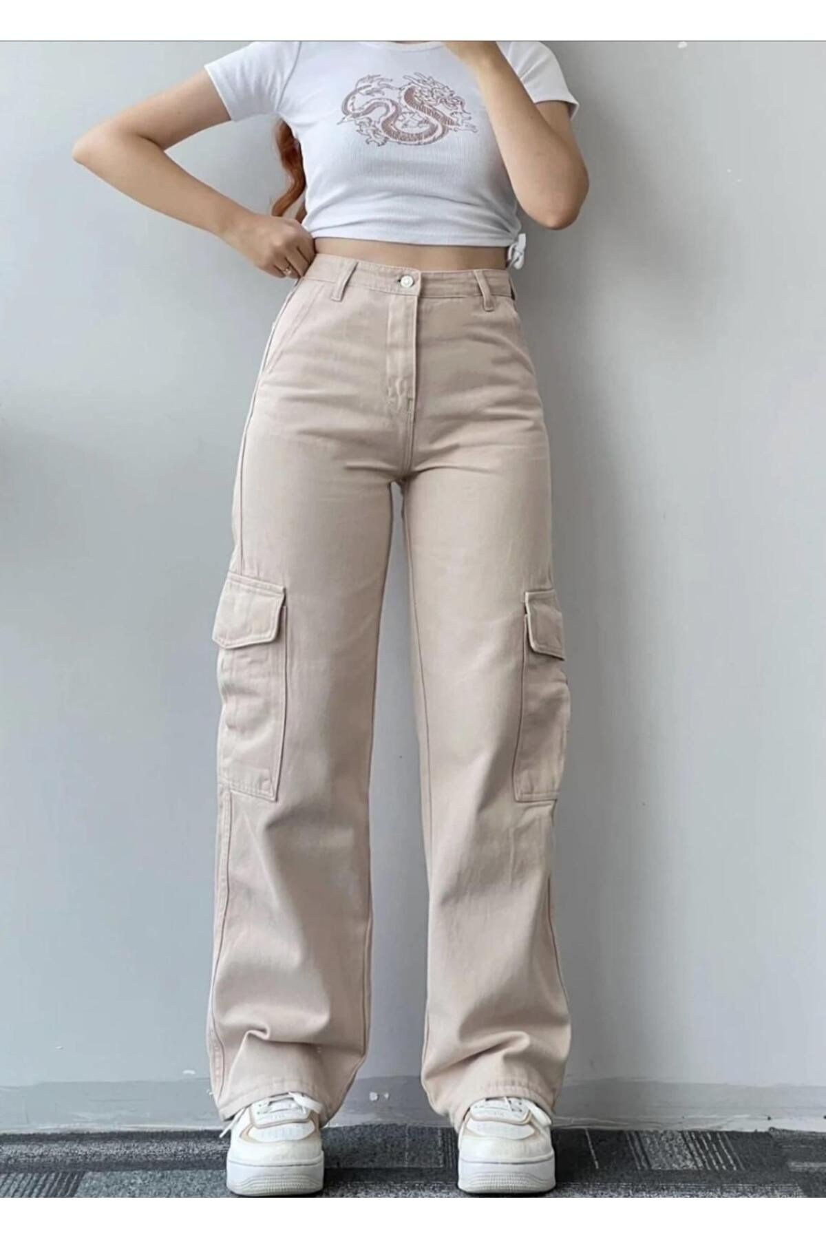 Kadın Kargo Cep Palazzo Wide Leg Bej Yüksek Bel
