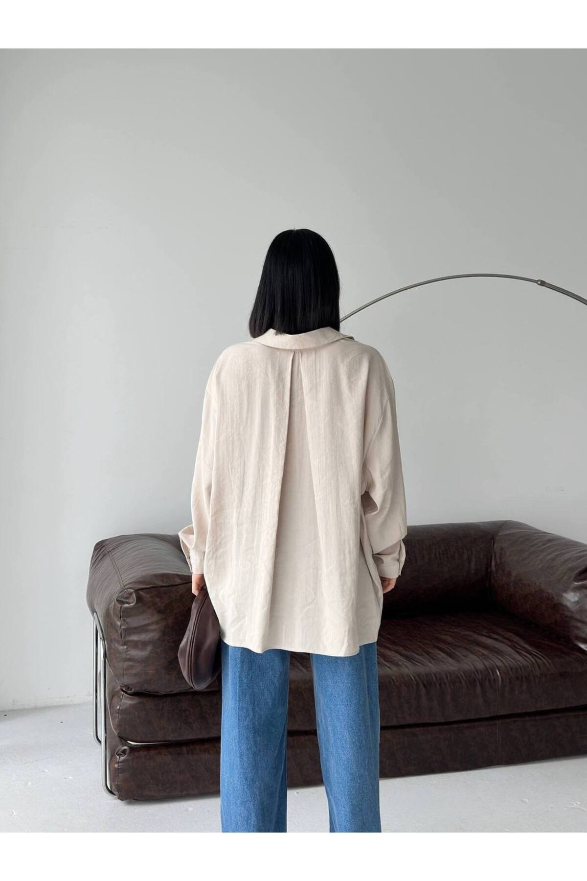 Kadın Keten Gömlek Oversize Kalıp Cepli Düğmeli Terletmeyen Yazlık Model
