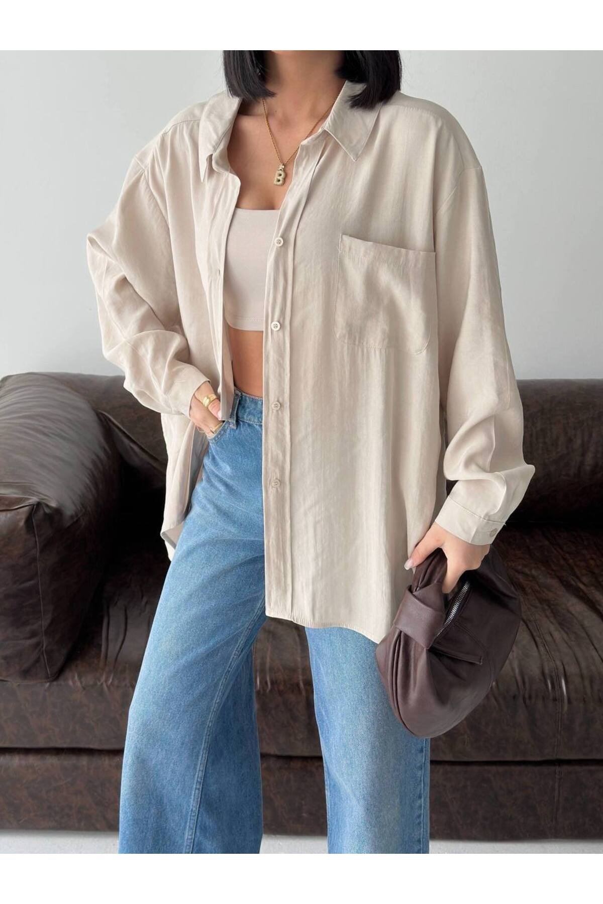 Kadın Keten Gömlek Oversize Kalıp Cepli Düğmeli Terletmeyen Yazlık Model