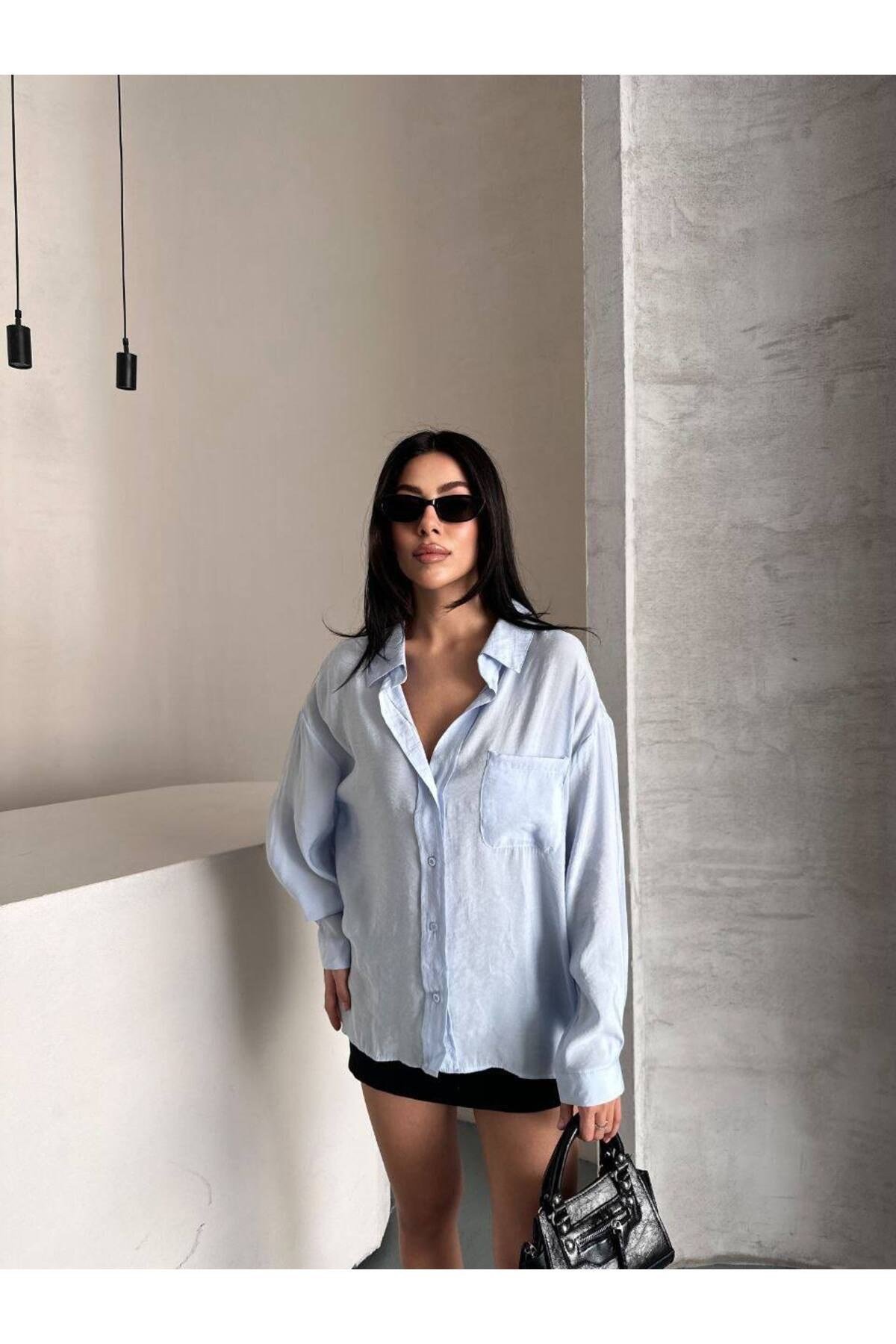 Kadın Keten Gömlek Oversize Kalıp Cepli Düğmeli Terletmeyen Yazlık Model