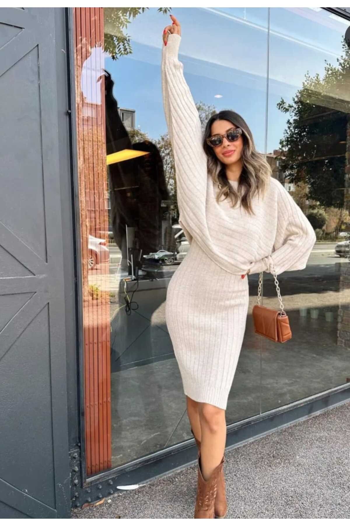 Kadın Krem Yarasa Kol İkili Triko Takım Elbise