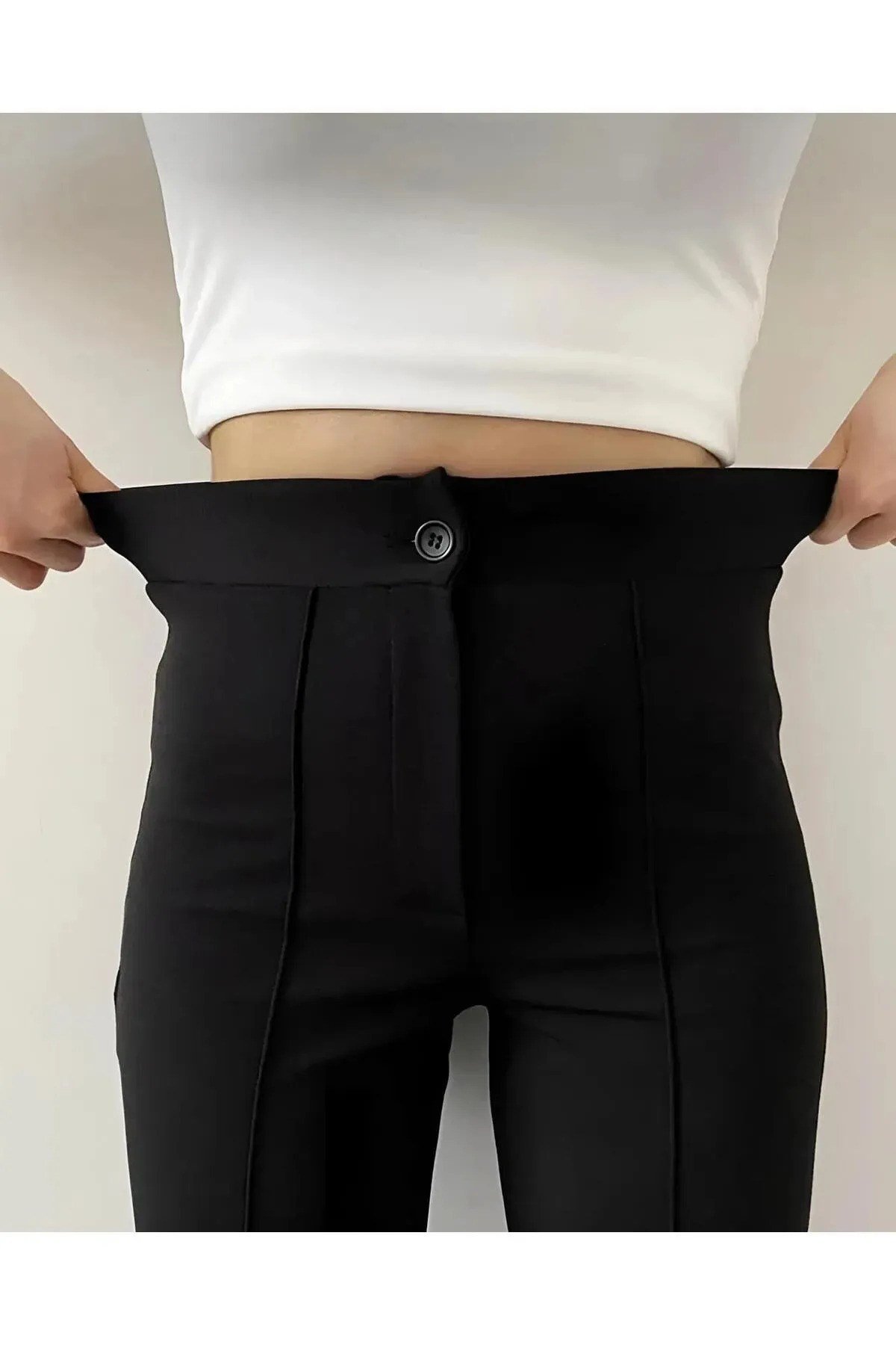 Kadın Krep Kumaş Likralı Önü Çimalı İspanyol Paça Palazzo Pantalon