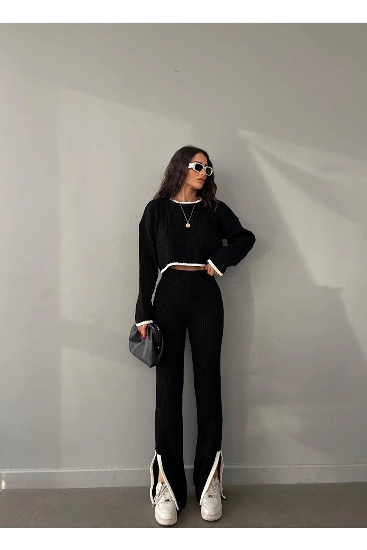 Kadın Oversize Bisiklet Yaka Triko Alt-Üst Takım Siyah