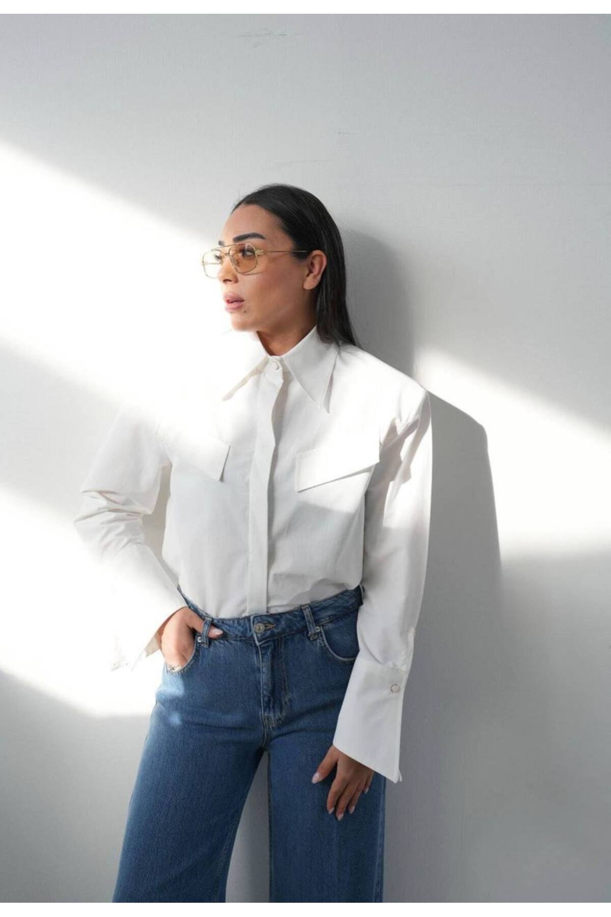 Kadın Oversize Gömlek Poplin Dokuma Uzun Kollu Rahat Kalıp Günlük Şık Gömlek