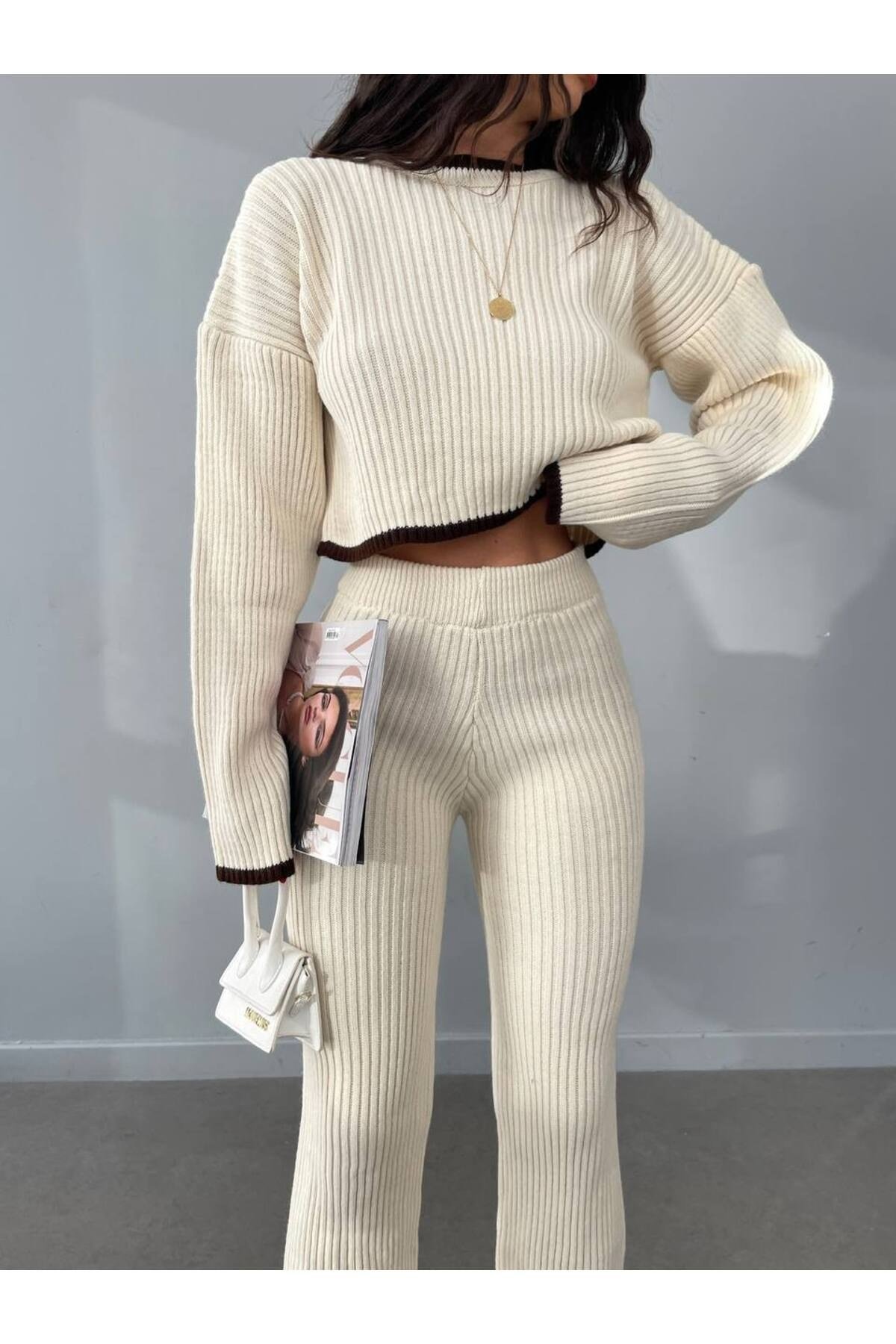 Kadın Oversize Triko Alt-Üst Takım Bej Bisiklet Yaka