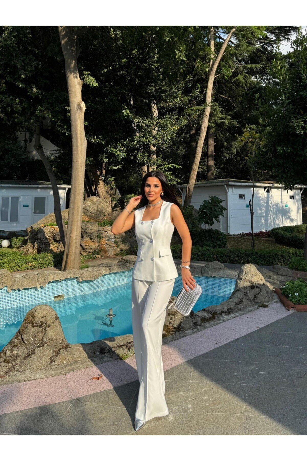 Kadın Özel Tasarım İkili Takım- Kare Yaka Blazer Yelek ve Palazzo Pantolon Şık Takım