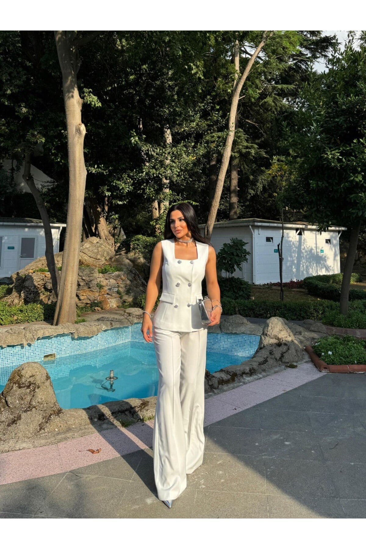 Kadın Özel Tasarım İkili Takım- Kare Yaka Blazer Yelek ve Palazzo Pantolon Şık Takım