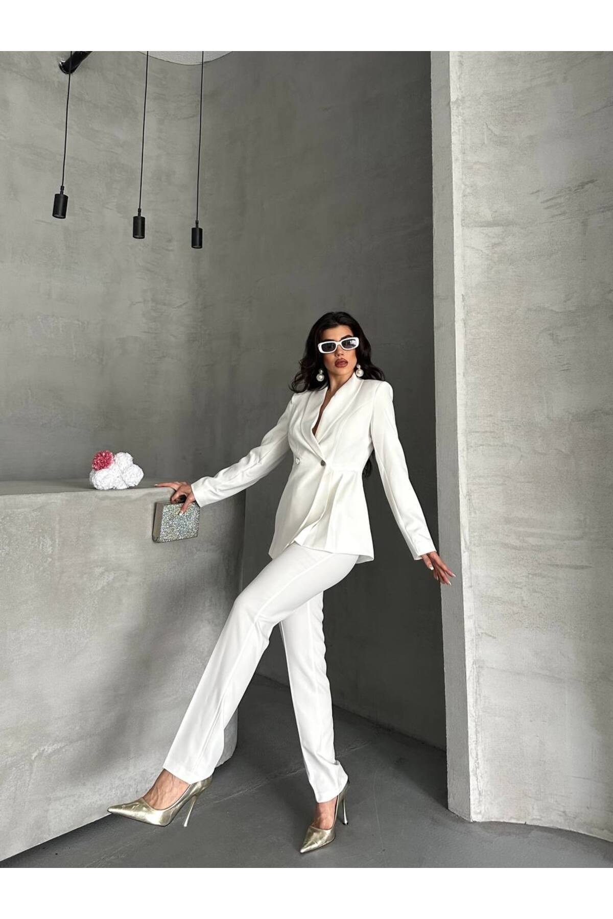 Kadın Pile Detaylı Blazer Ceket Ve Pantolon Takımı