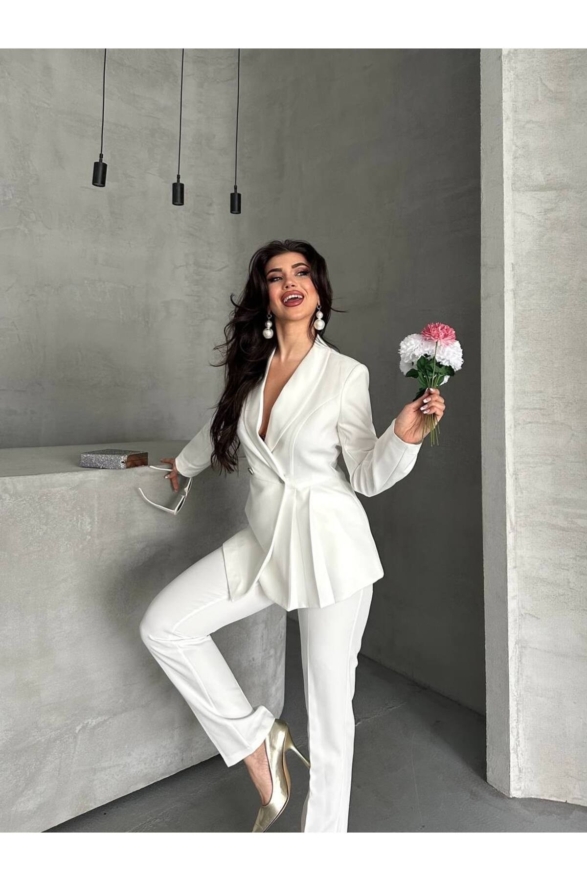 Kadın Pile Detaylı Blazer Ceket Ve Pantolon Takımı