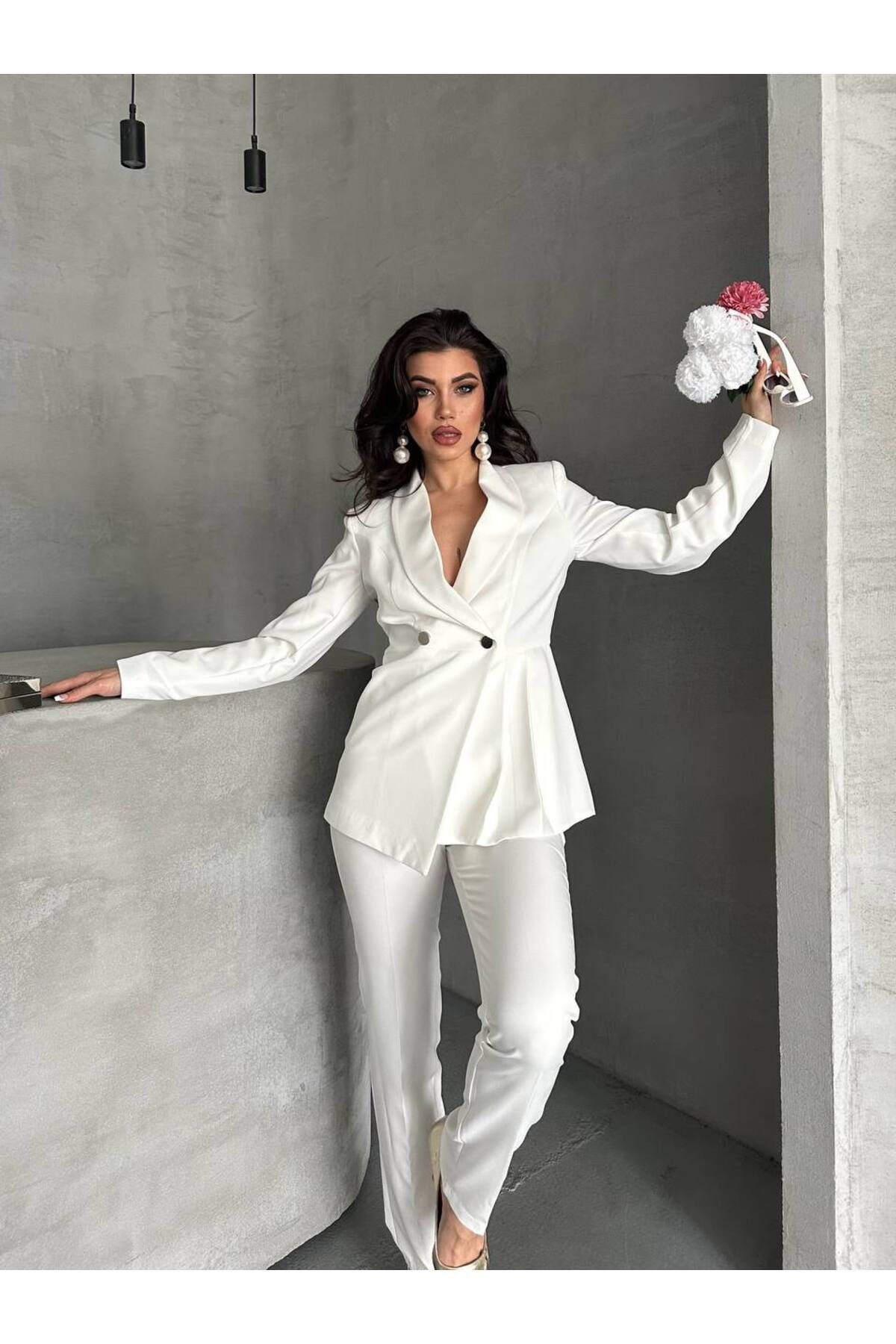 Kadın Pile Detaylı Blazer Ceket Ve Pantolon Takımı