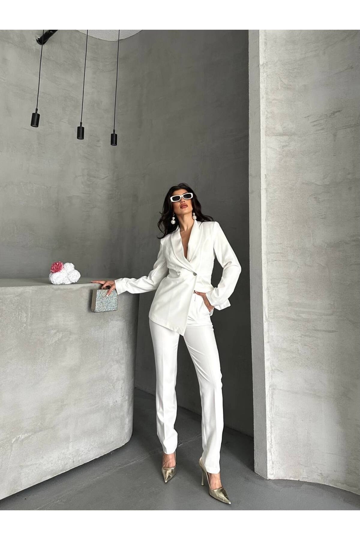 Kadın Pile Detaylı Blazer Ceket Ve Pantolon Takımı