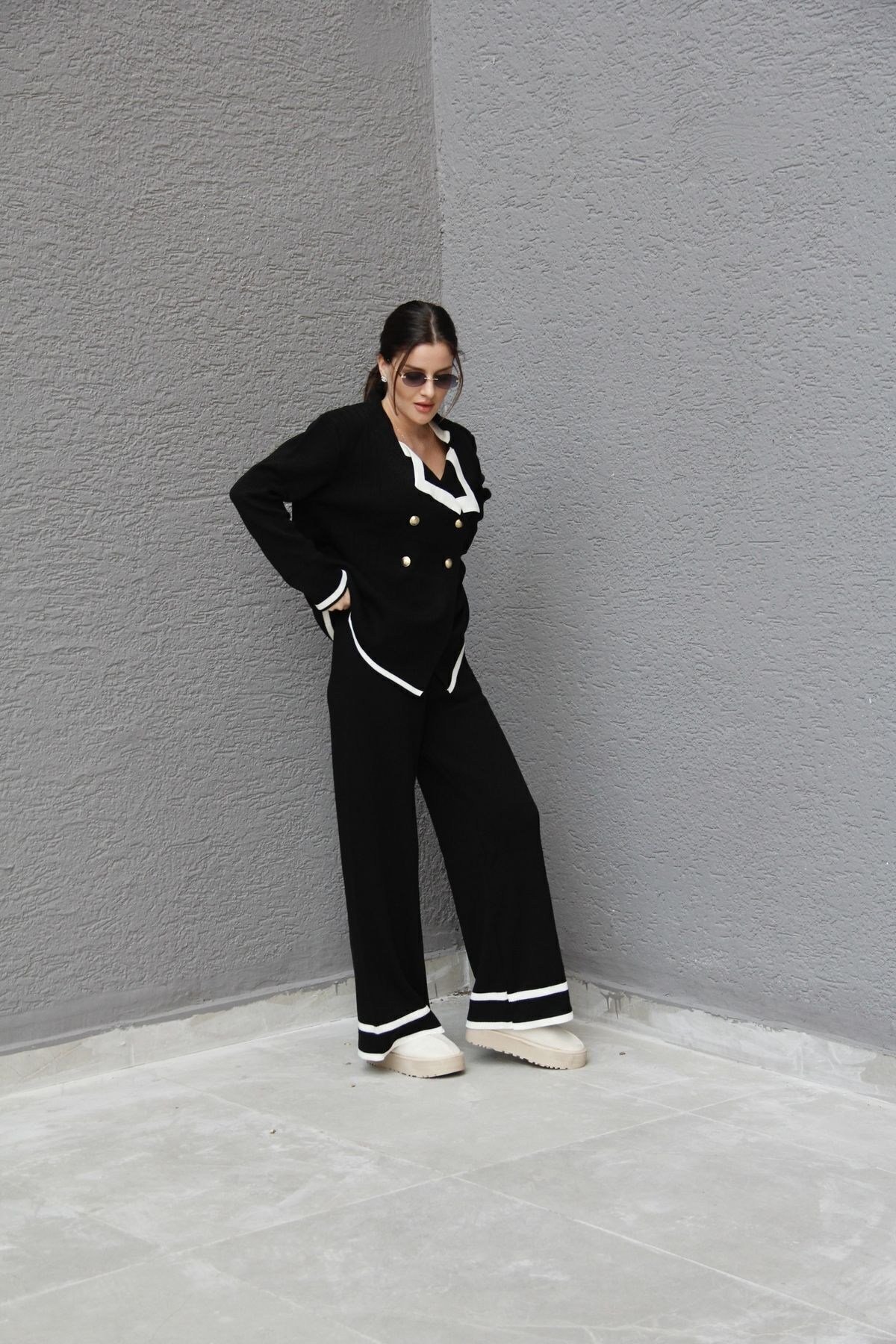 Kadın Siyah 2 Oversize Kruvaze Hırka Pantolon Takım Akrilik Triko