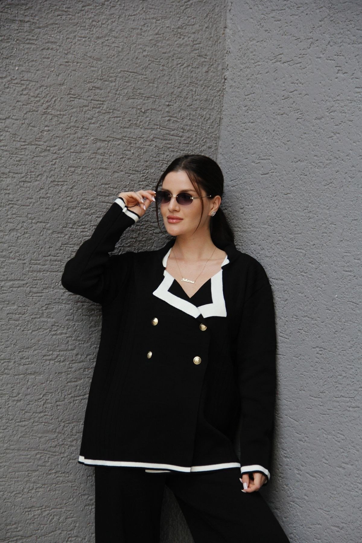Kadın Siyah 2 Oversize Kruvaze Hırka Pantolon Takım Akrilik Triko