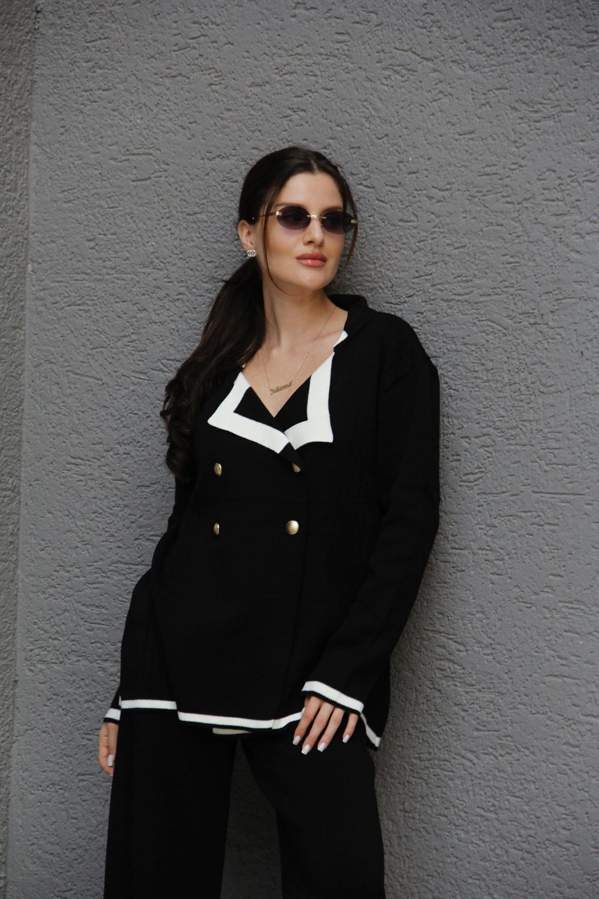 Kadın Siyah 2 Oversize Kruvaze Hırka Pantolon Takım Akrilik Triko