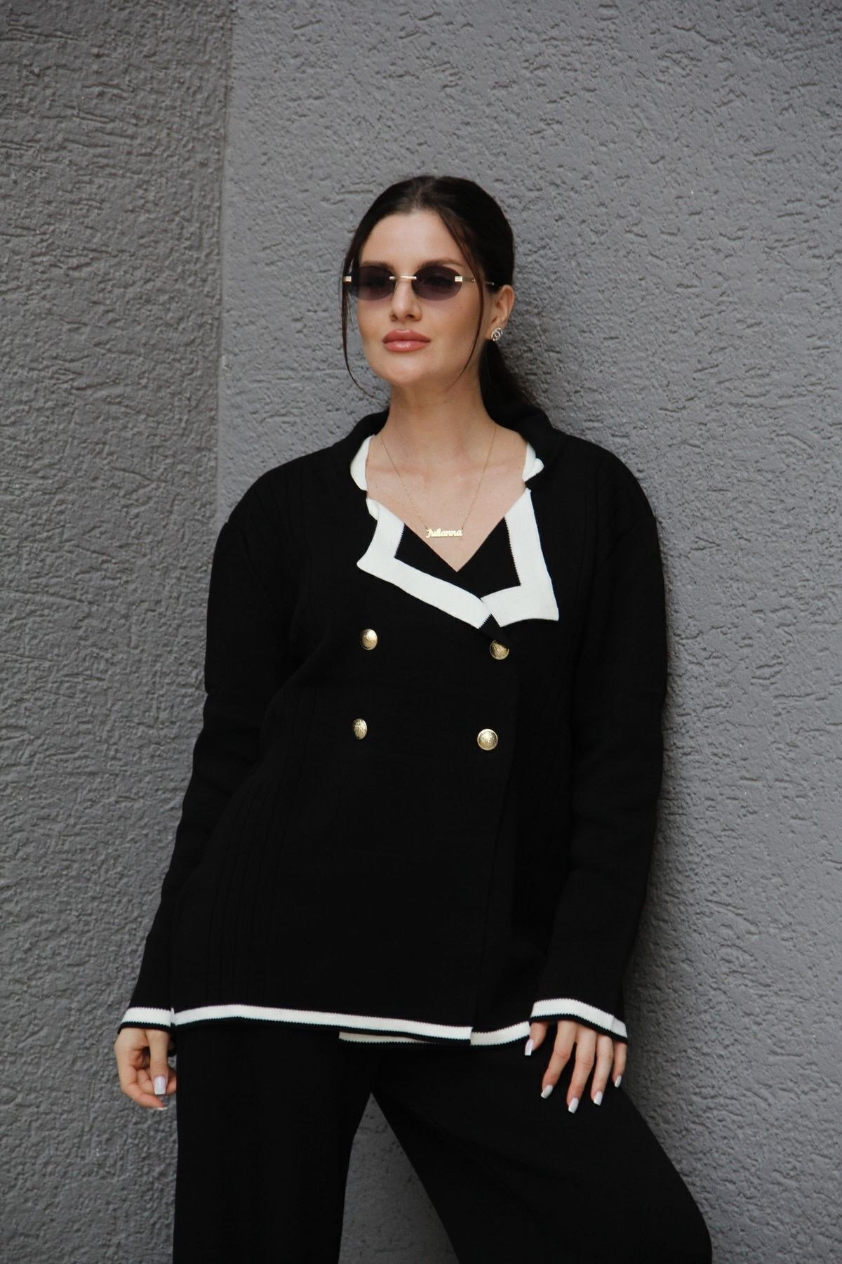Kadın Siyah 2 Oversize Kruvaze Hırka Pantolon Takım Akrilik Triko