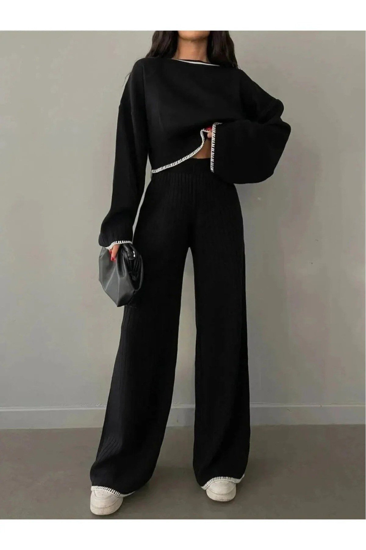 Kontrast Dikiş Detaylı Kadın Triko Takım – Oversize Model