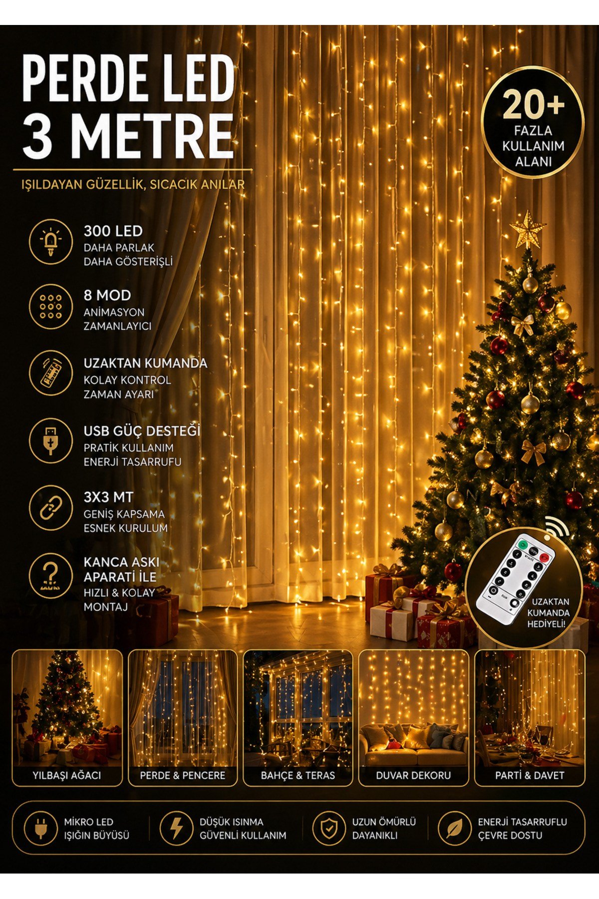 Kumandalı 8 Ayrı Moda Sahip 3mx3m 300 cm X 300 cm Perde Led