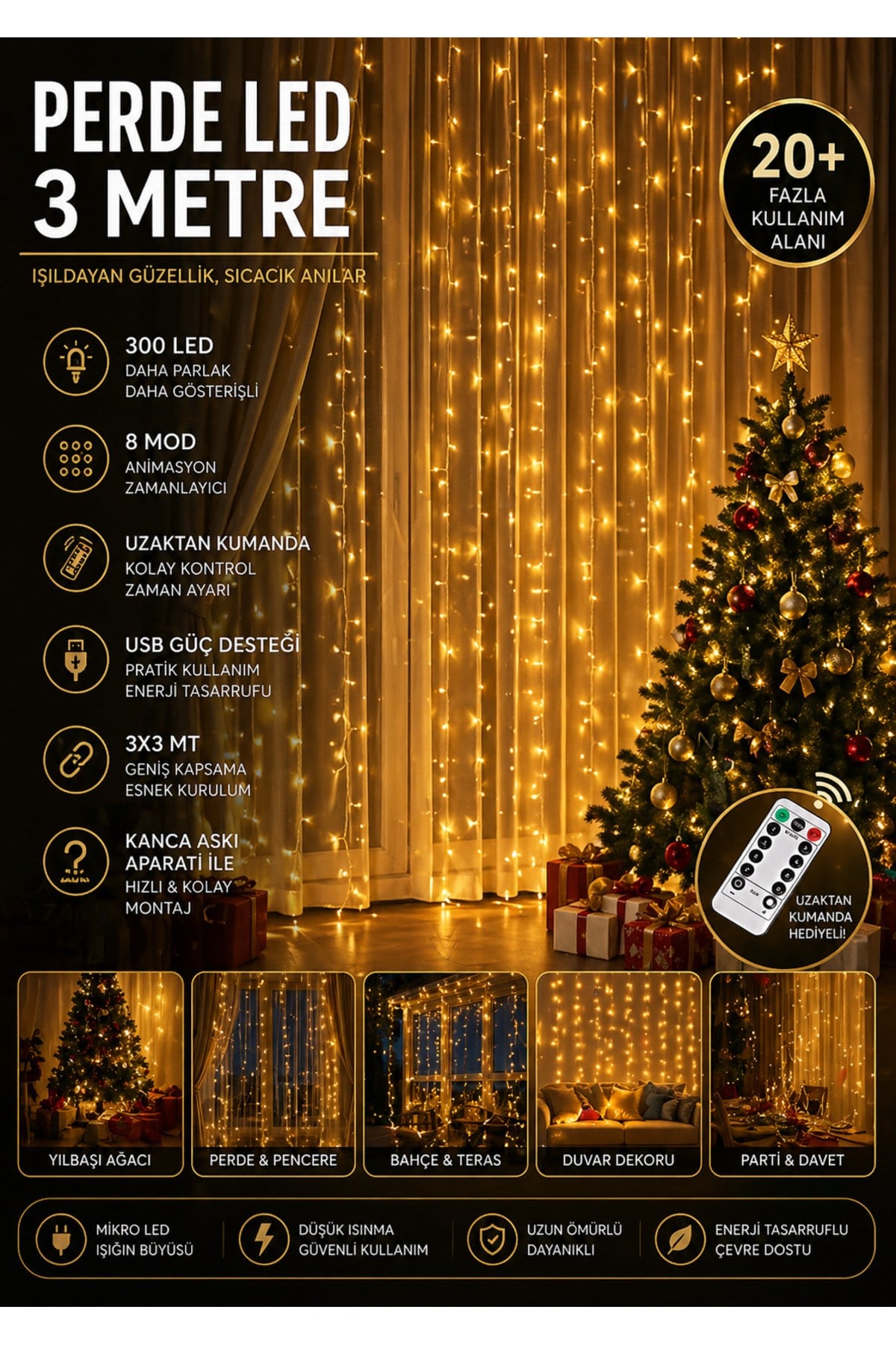 Kumandalı 8 Ayrı Moda Sahip 3mx3m 300 cm X 300 cm Perde Led