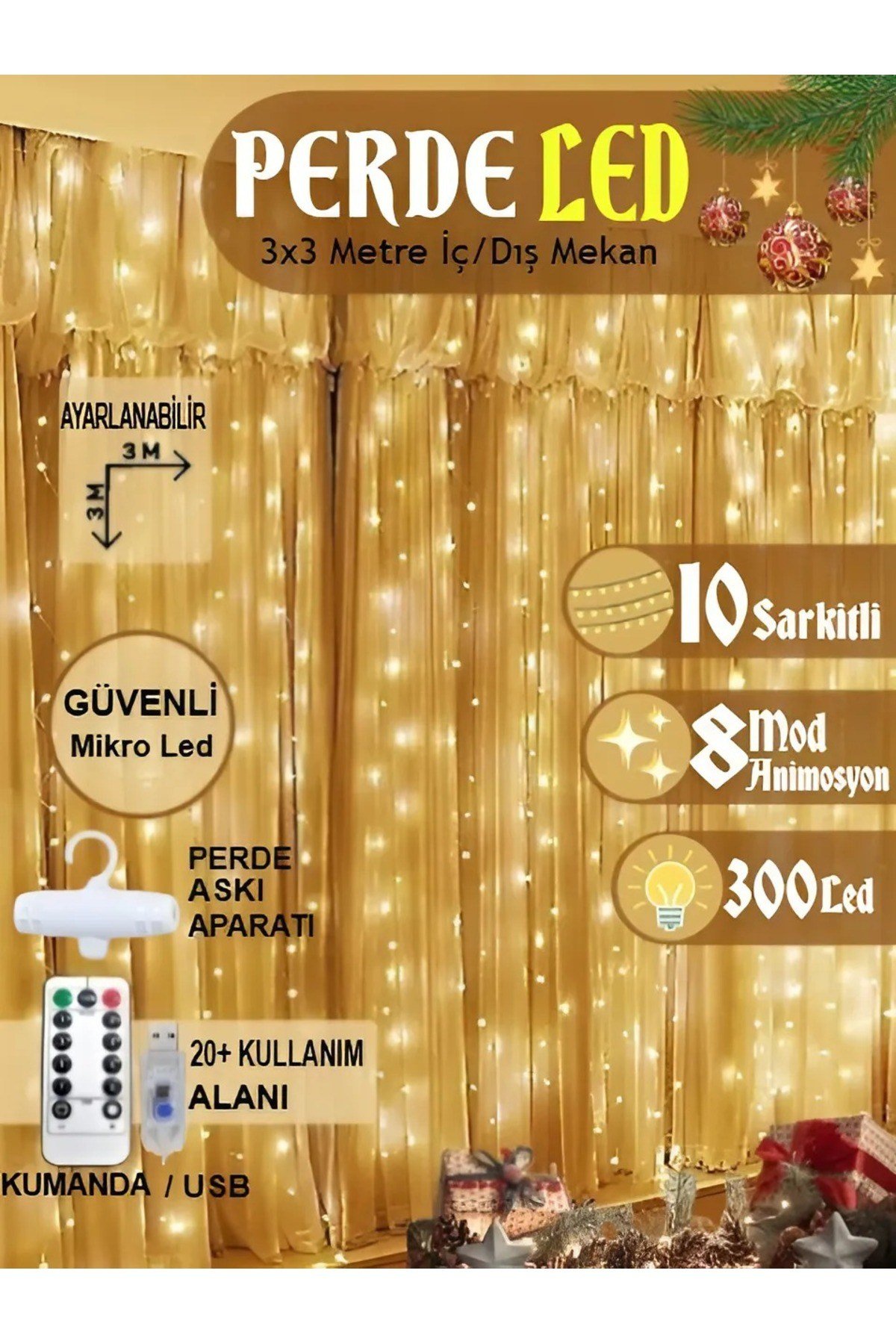 Kumandalı 8 Ayrı Moda Sahip 3mx3m 300 cm X 300 cm Perde Led
