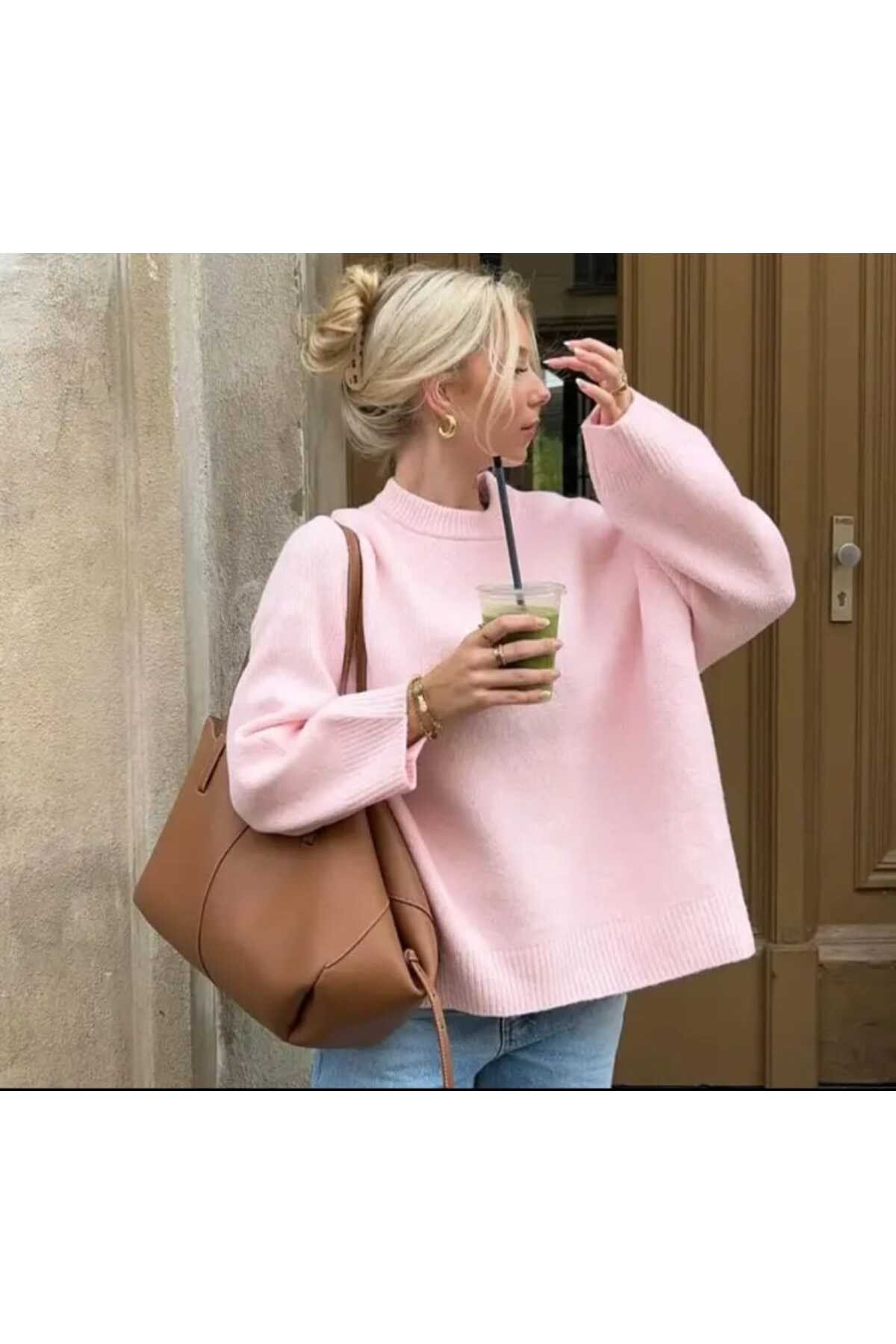 l pink2024 pembe Bisiklet Yaka Oversize Triko Kazak