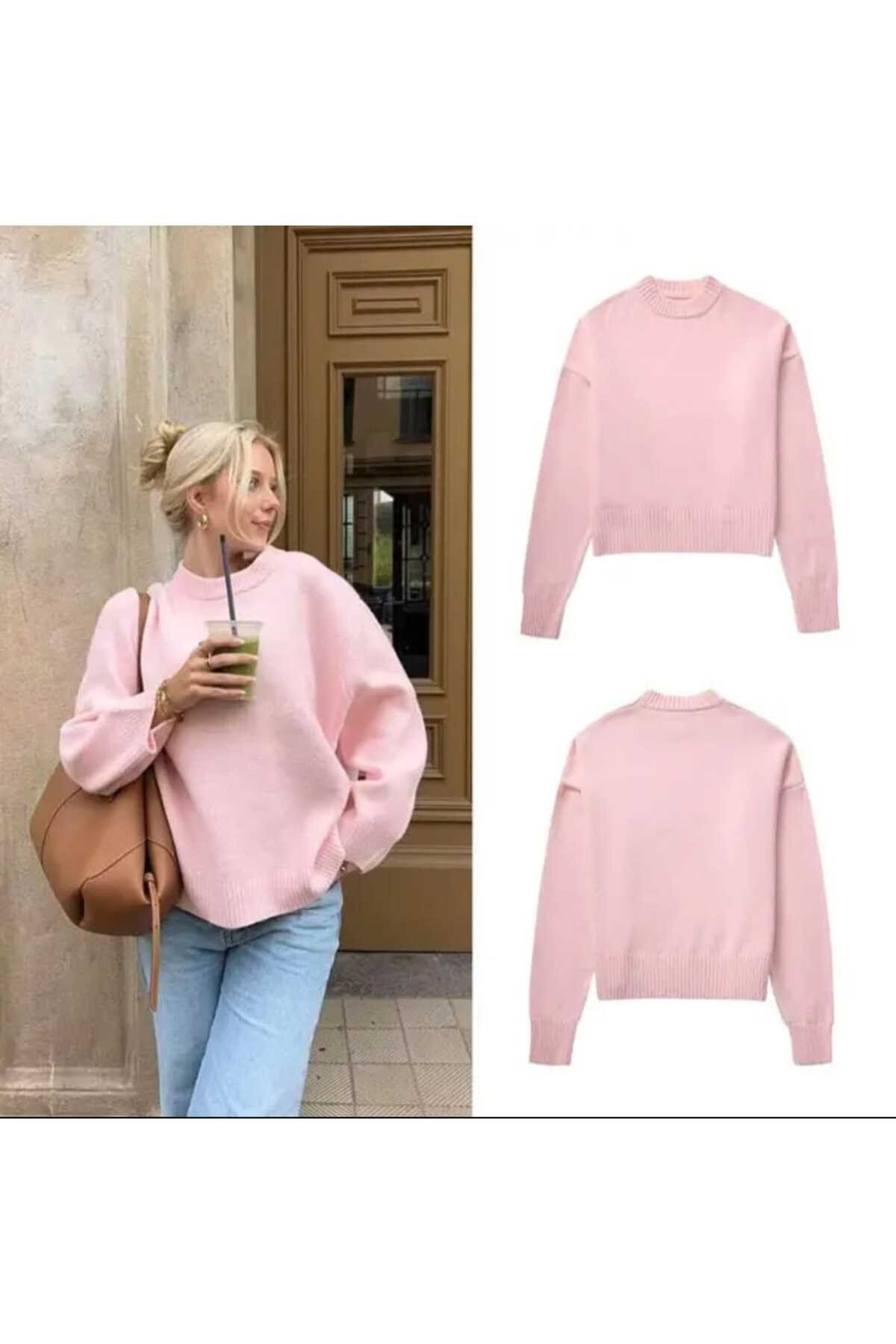 l pink2024 pembe Bisiklet Yaka Oversize Triko Kazak