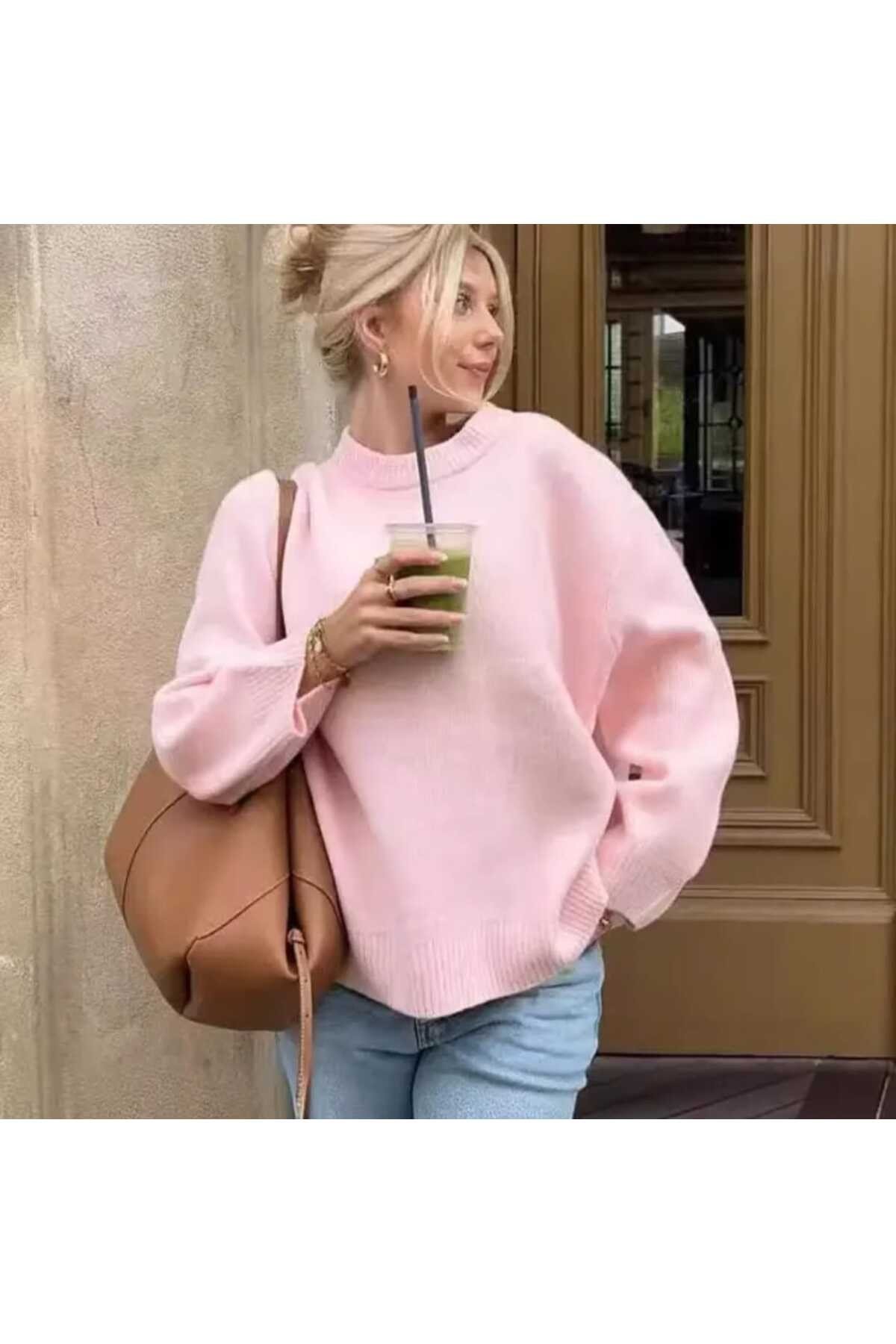 l pink2024 pembe Bisiklet Yaka Oversize Triko Kazak