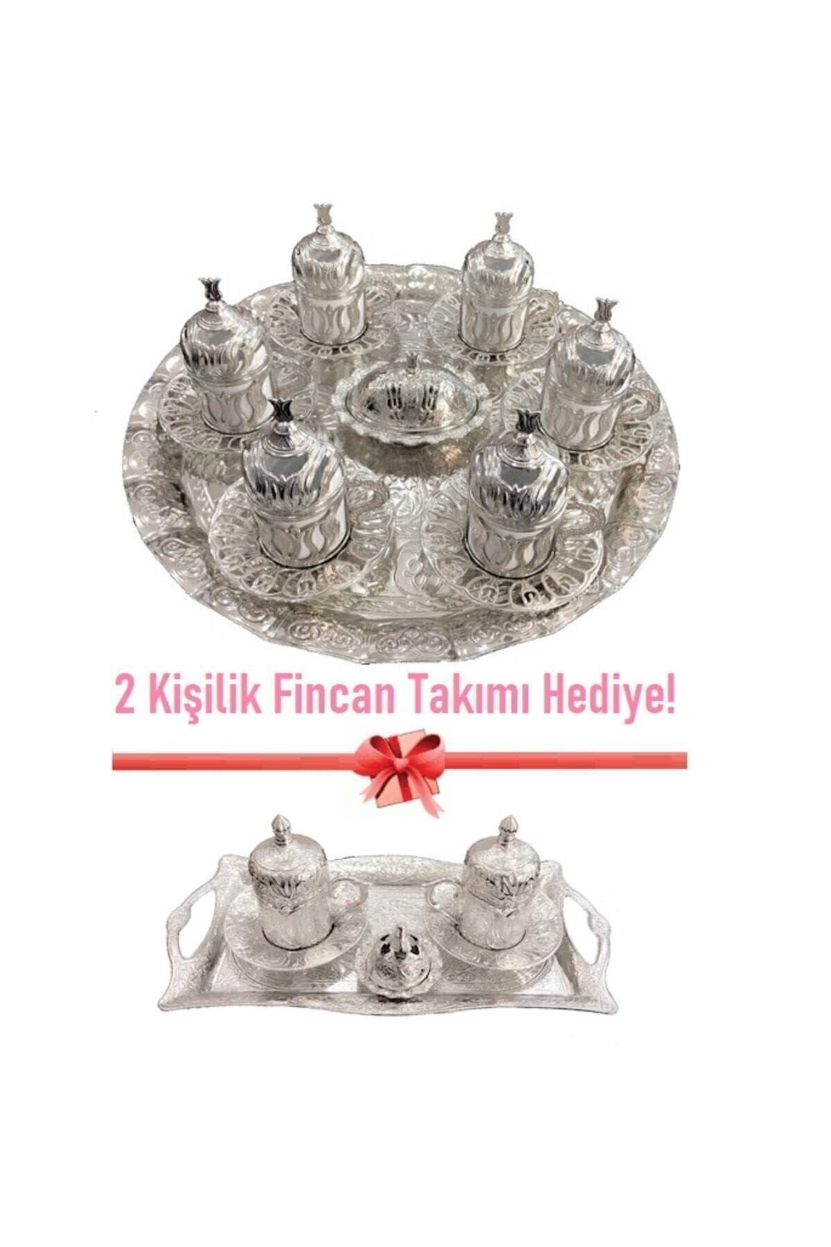 Lale Motifli Fincan Takımı + 2 Kişilik Hediye Fincan Takımı