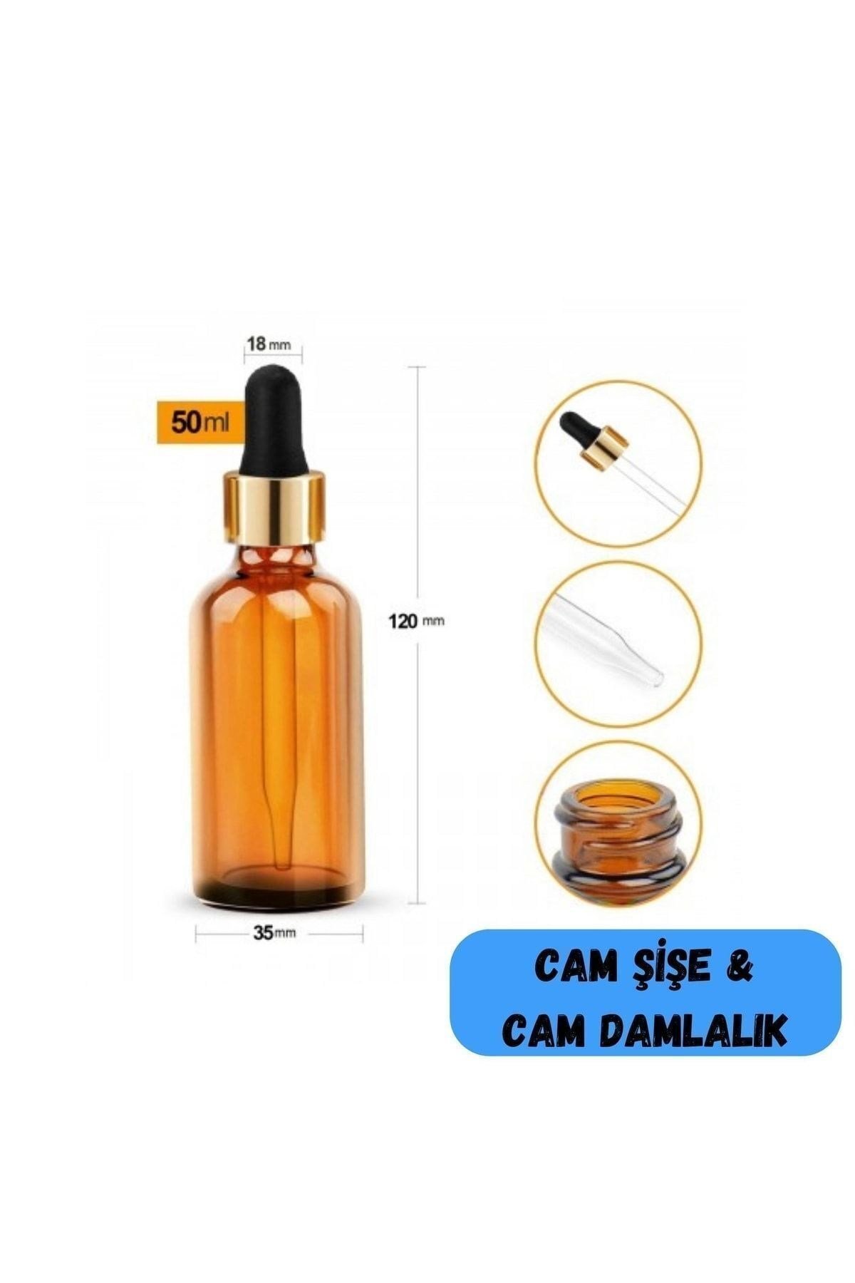 Makrobay - 50 Cc Cam Damlalıklı Amber Şişe [50 Cc=50ml X 6 Adet] / Ecza Şişesi / Dropper Şişe