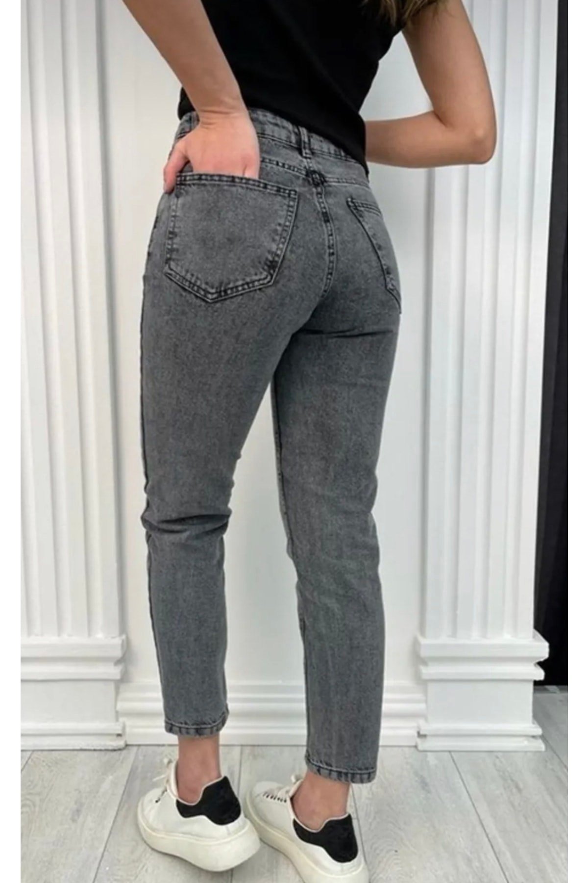 Omoda-füme Solmaz Mom Jean Kadın Boyfriend Yüksek Bel Power Likra