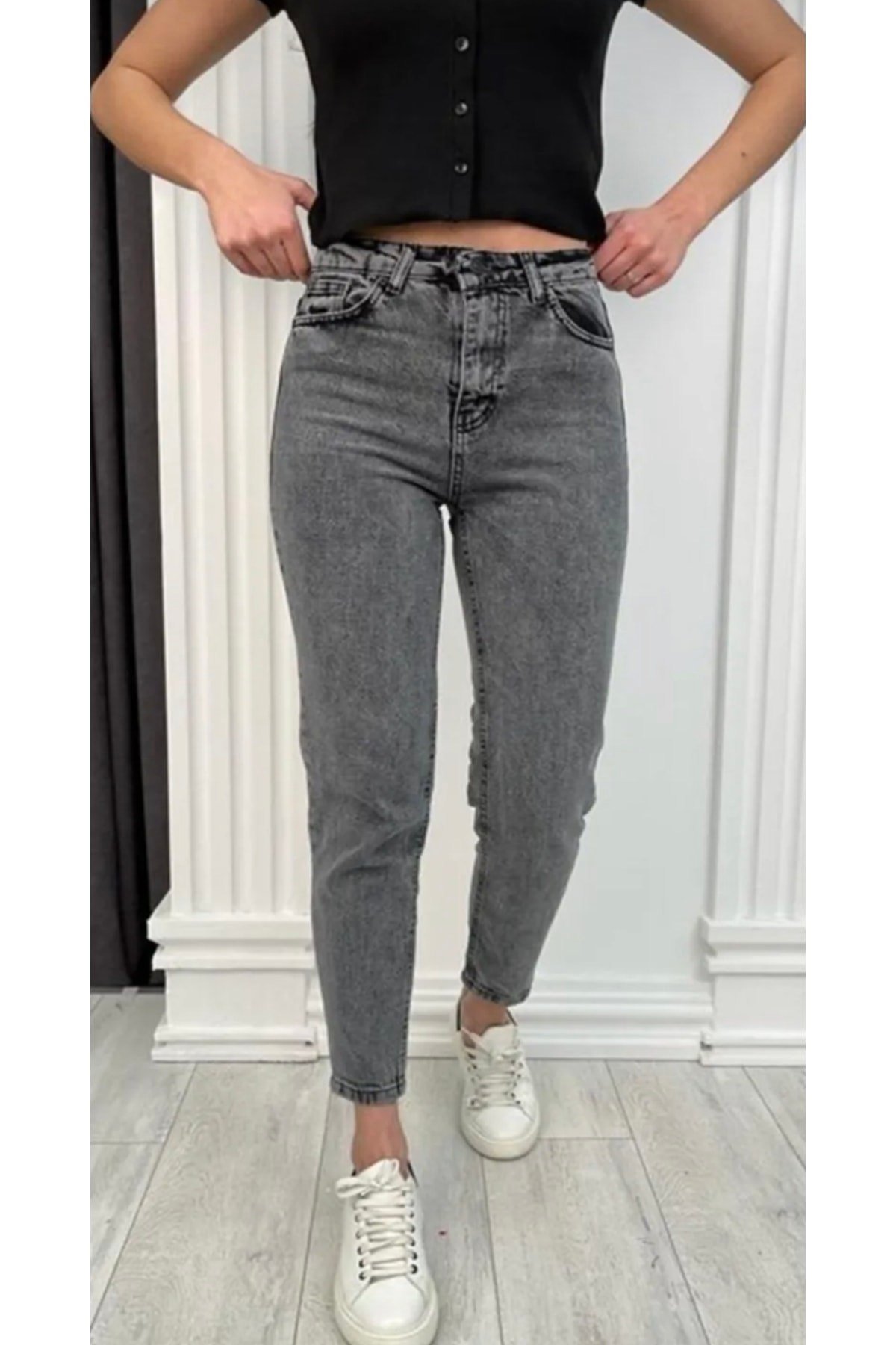 Omoda-füme Solmaz Mom Jean Kadın Boyfriend Yüksek Bel Power Likra