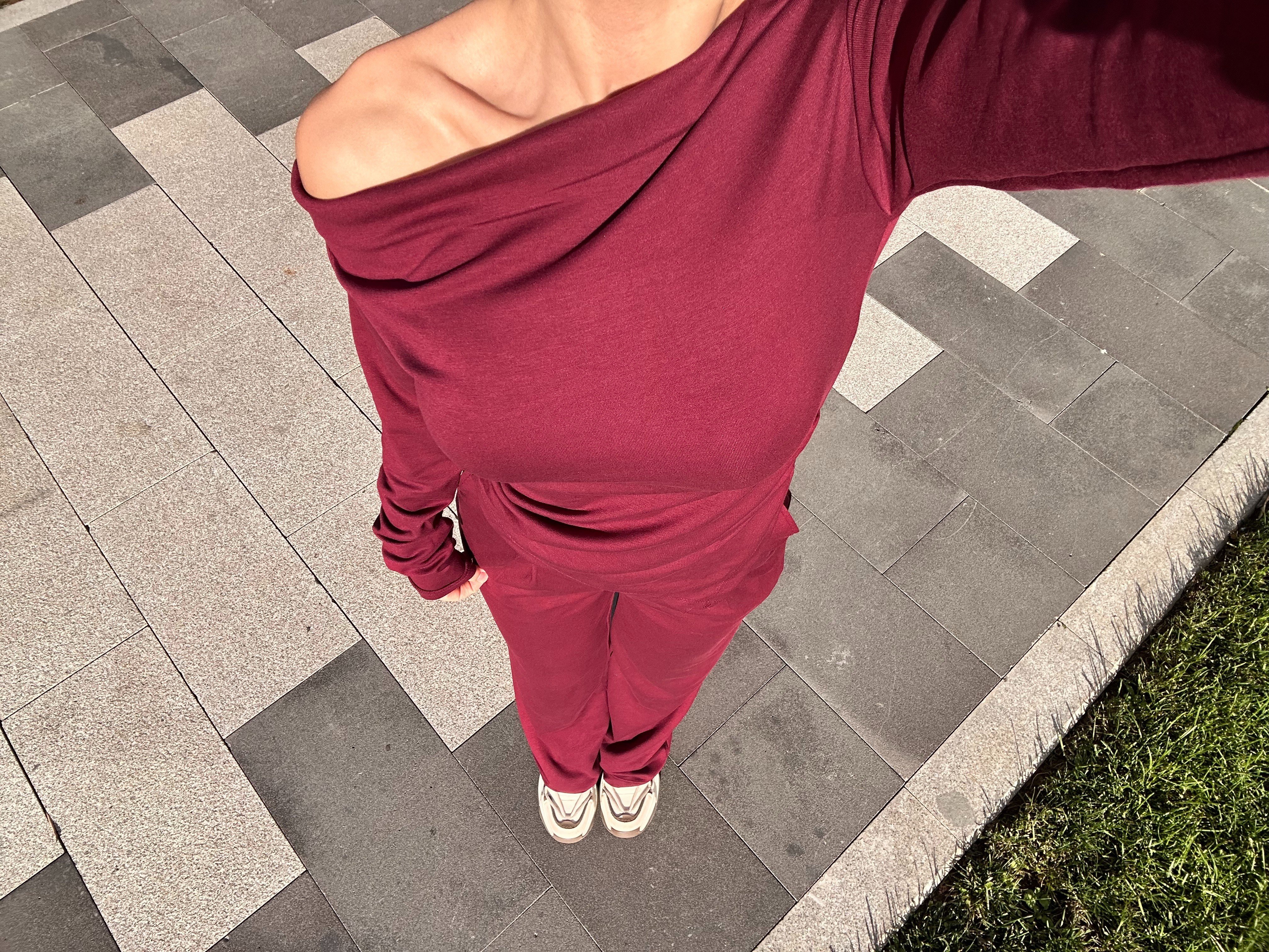 Omuz Dekolteli Drapeli Kadın İkili Takım – Bordo