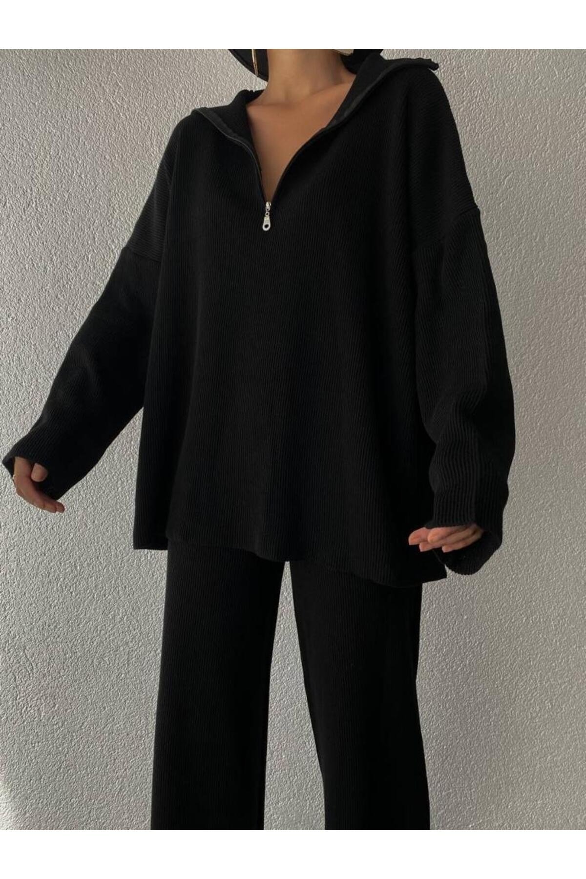 Örgü Detaylı Oversize Kazak Pantolon Triko Alt-üst Takım
