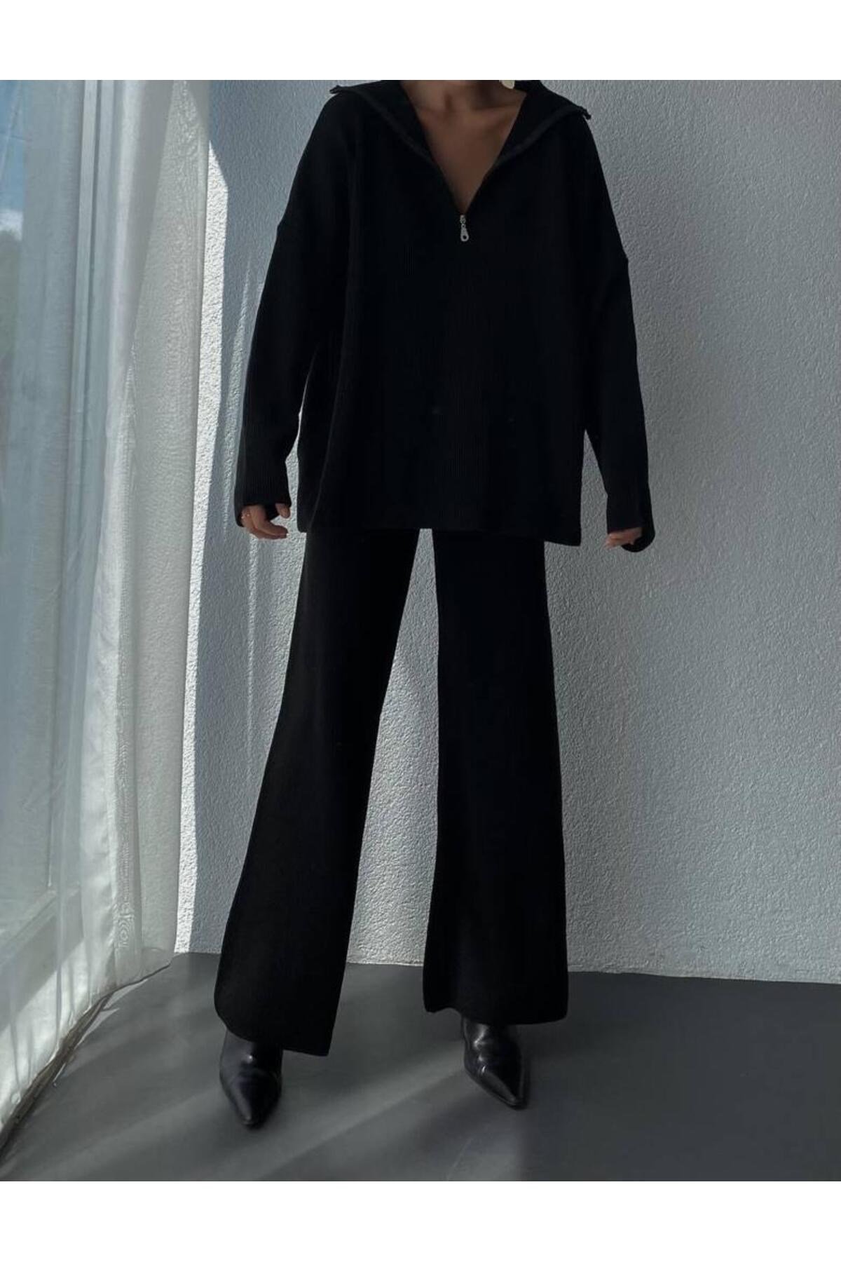 Örgü Detaylı Oversize Kazak Pantolon Triko Alt-üst Takım