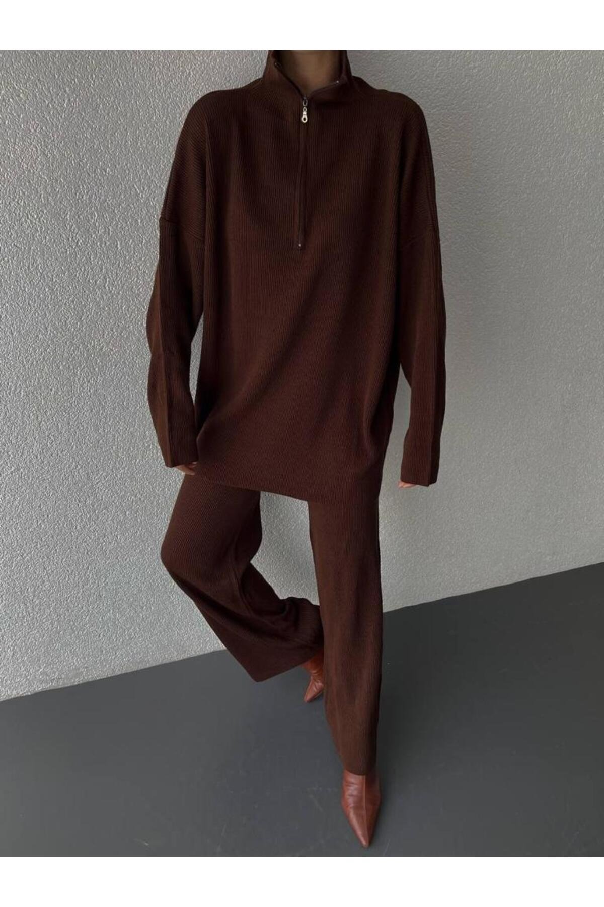 Örgü Detaylı Oversize Kazak Pantolon Triko Alt-üst Takım