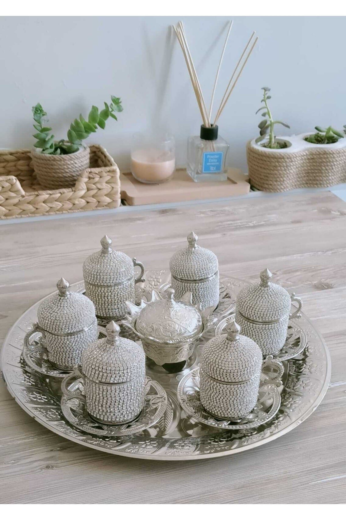 Osmanlı Motifli 6 Kişilik Türk Kahve Seti - Beyaz Taşlı